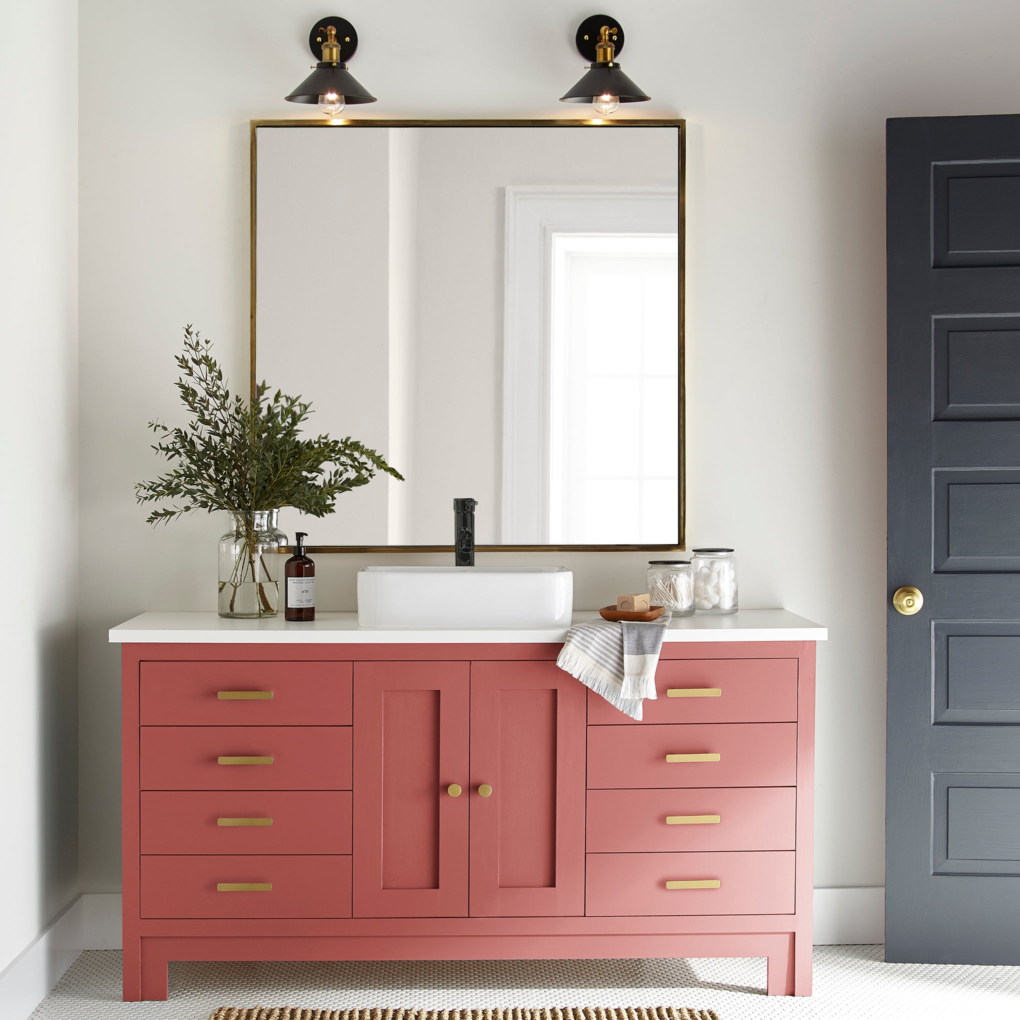 tomato red paint named vine ripened tomato shown painted on bathroom cabinet