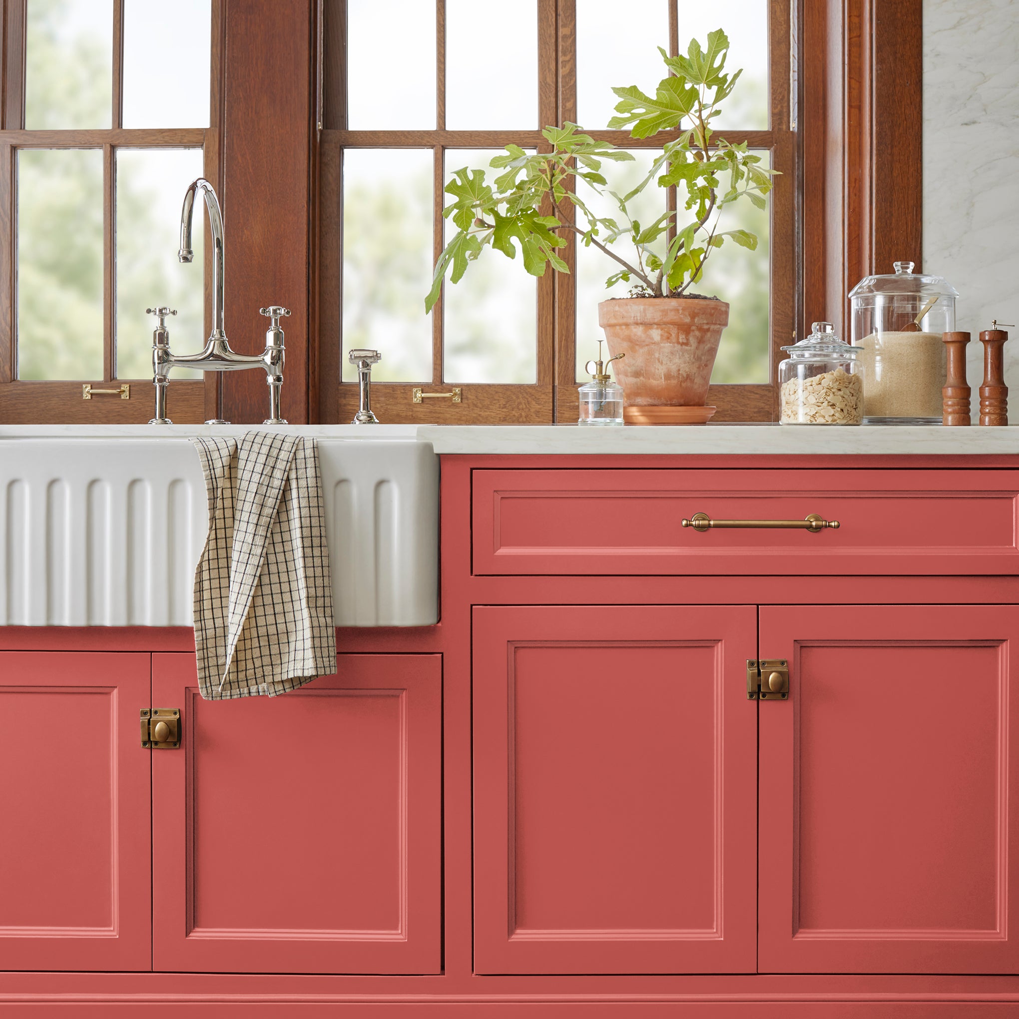 tomato red paint named vine ripened tomato shown painted on kitchen cabinet