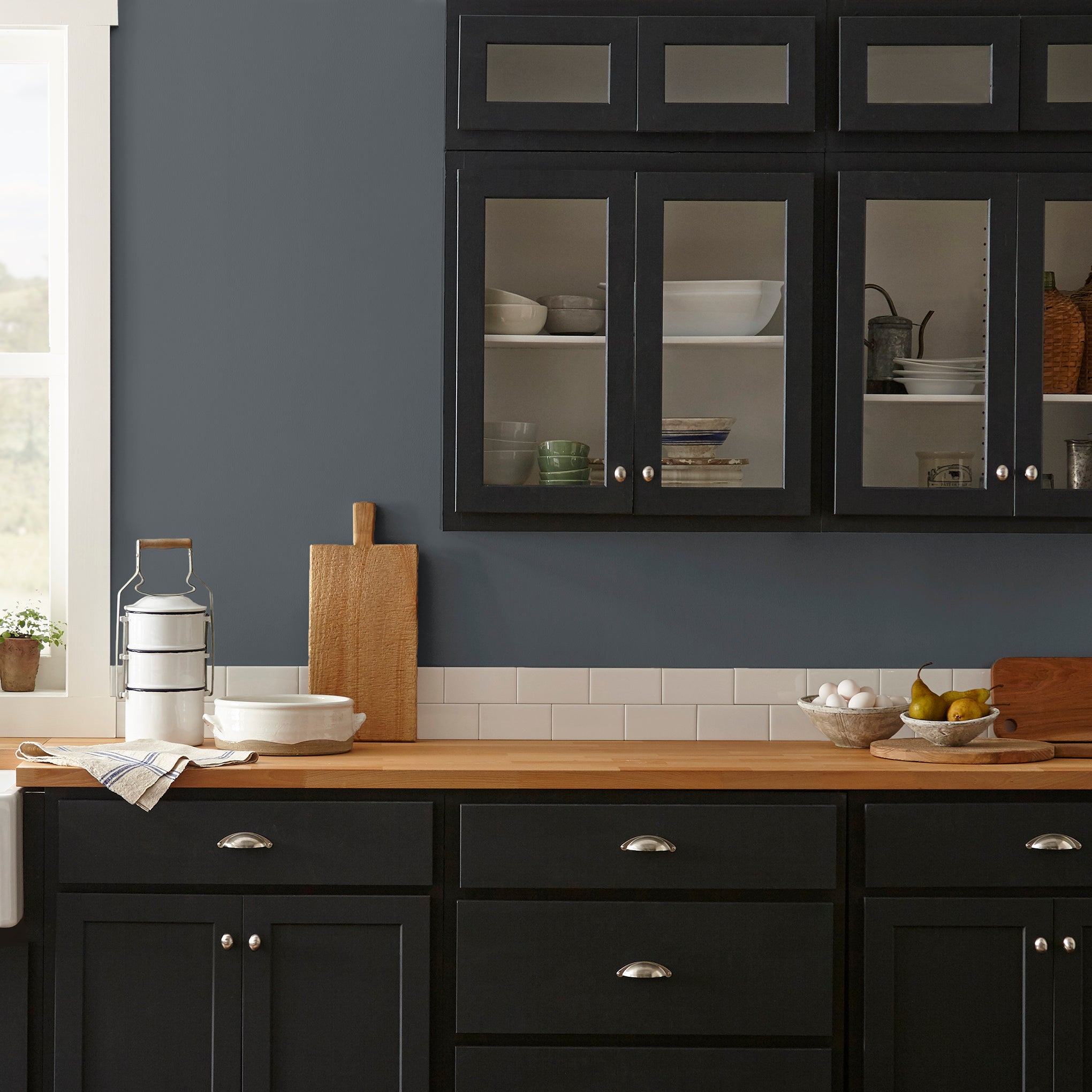 dark chalkboard black with blue undertones paint named blackboard shown painted on kitchen wall