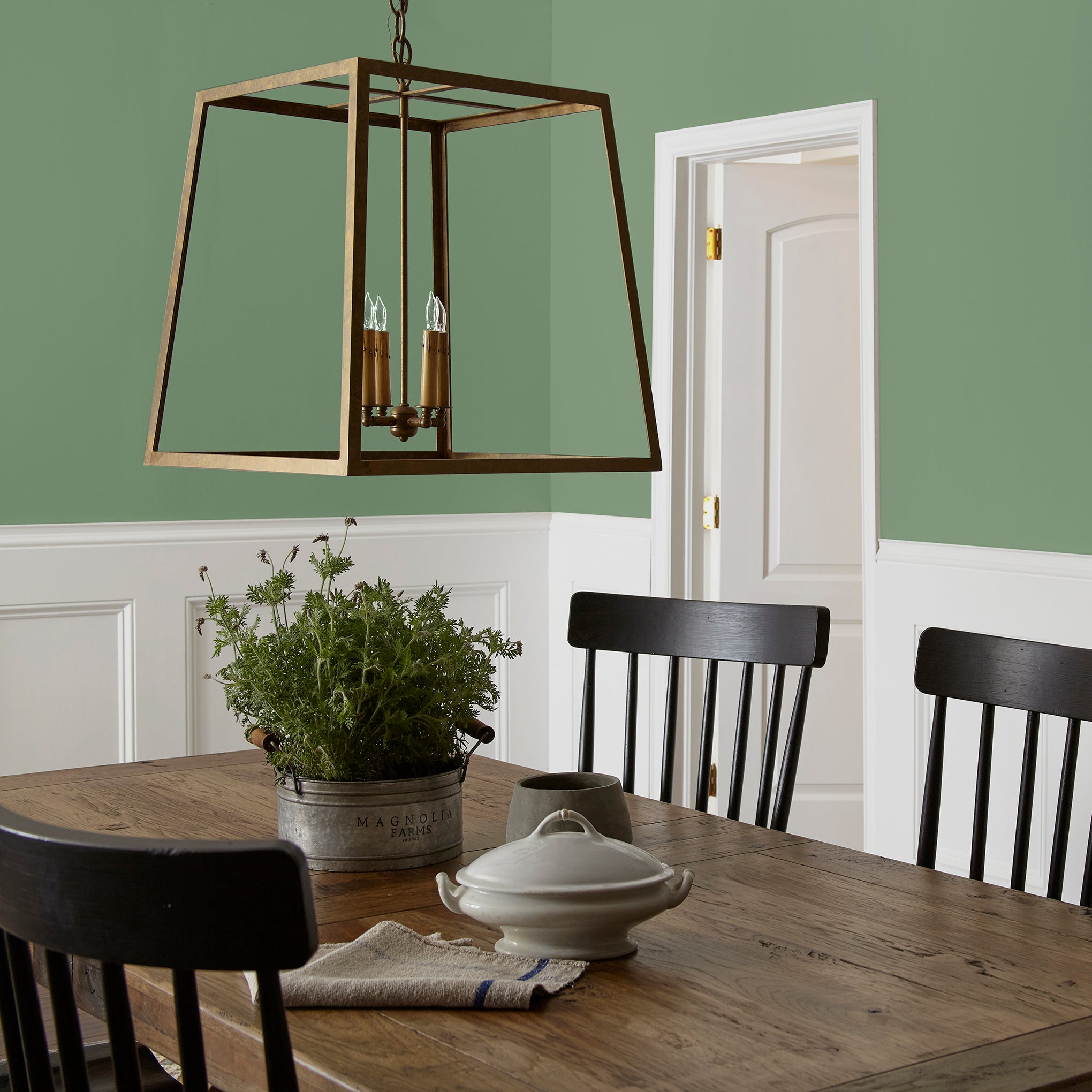 evergreen green paint named Magnoliass green shown painted on dining room wall