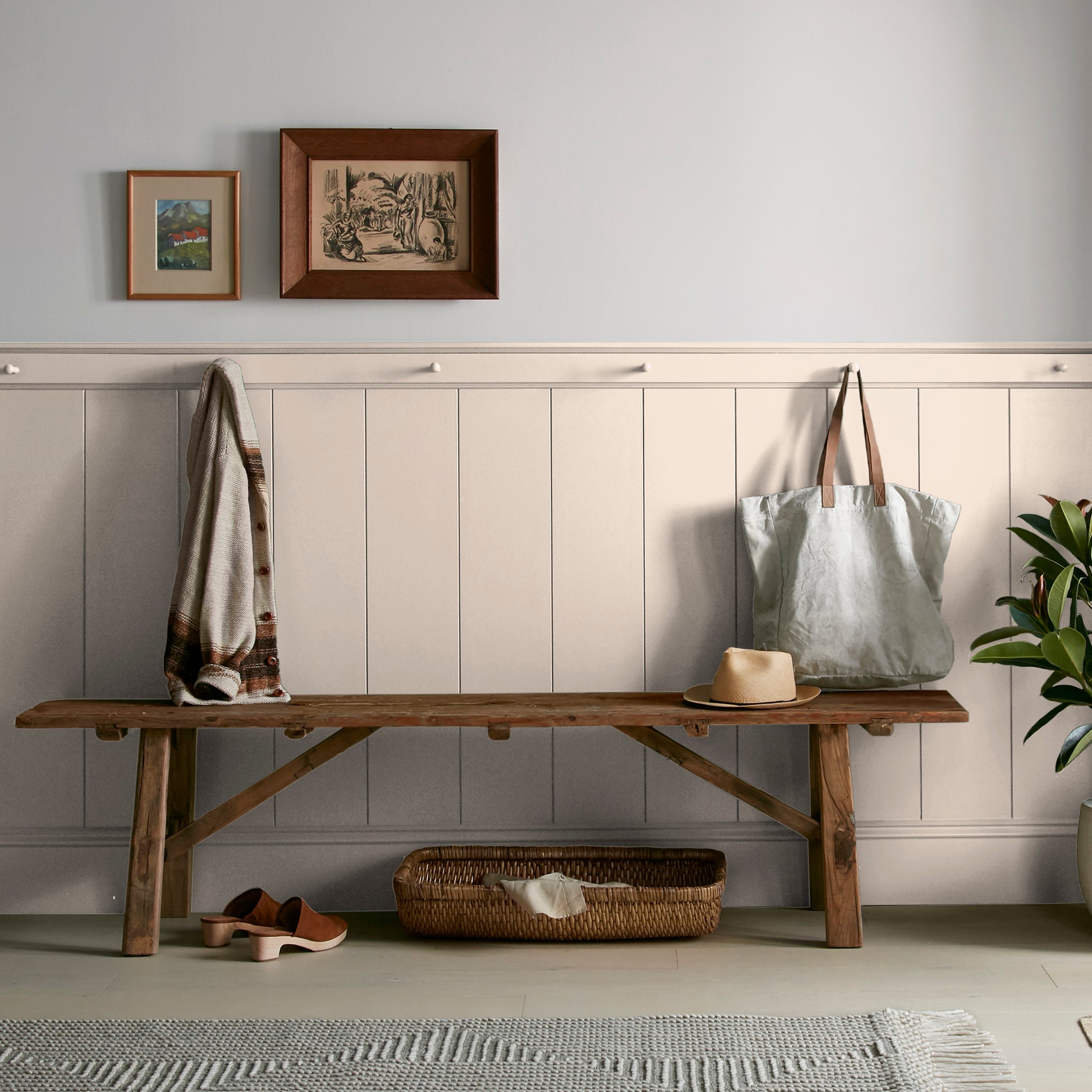 Warm soft peach interior paint named dutch tulip shown painted on entryway wall