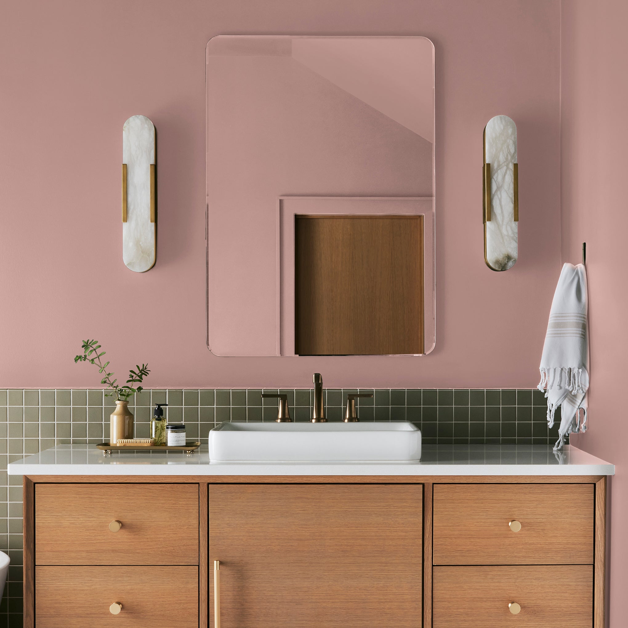 light salmon pink paint named cabbage rose shown painted on bathroom wall