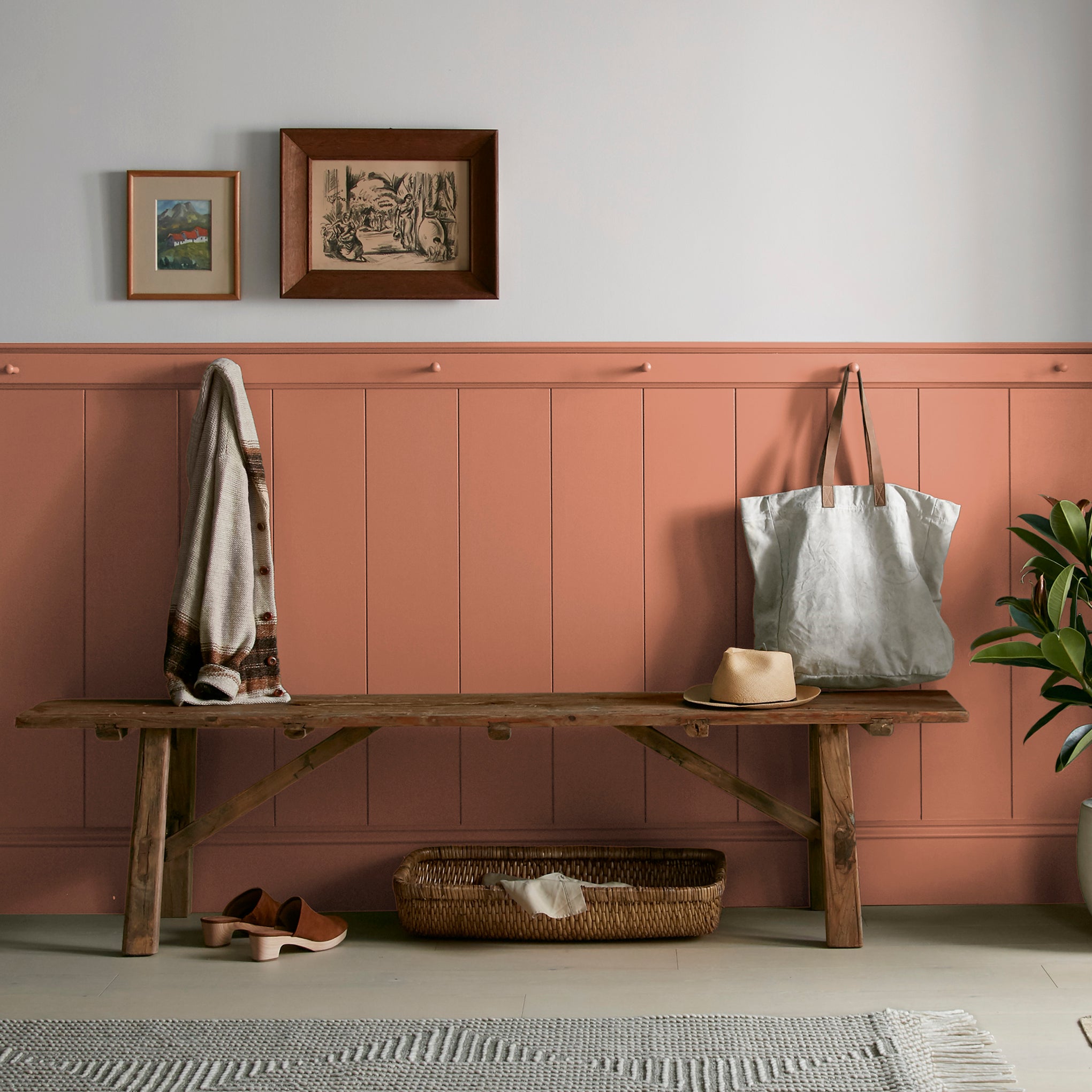 burnt orange paint named work worn wood shown painted on entryway wall