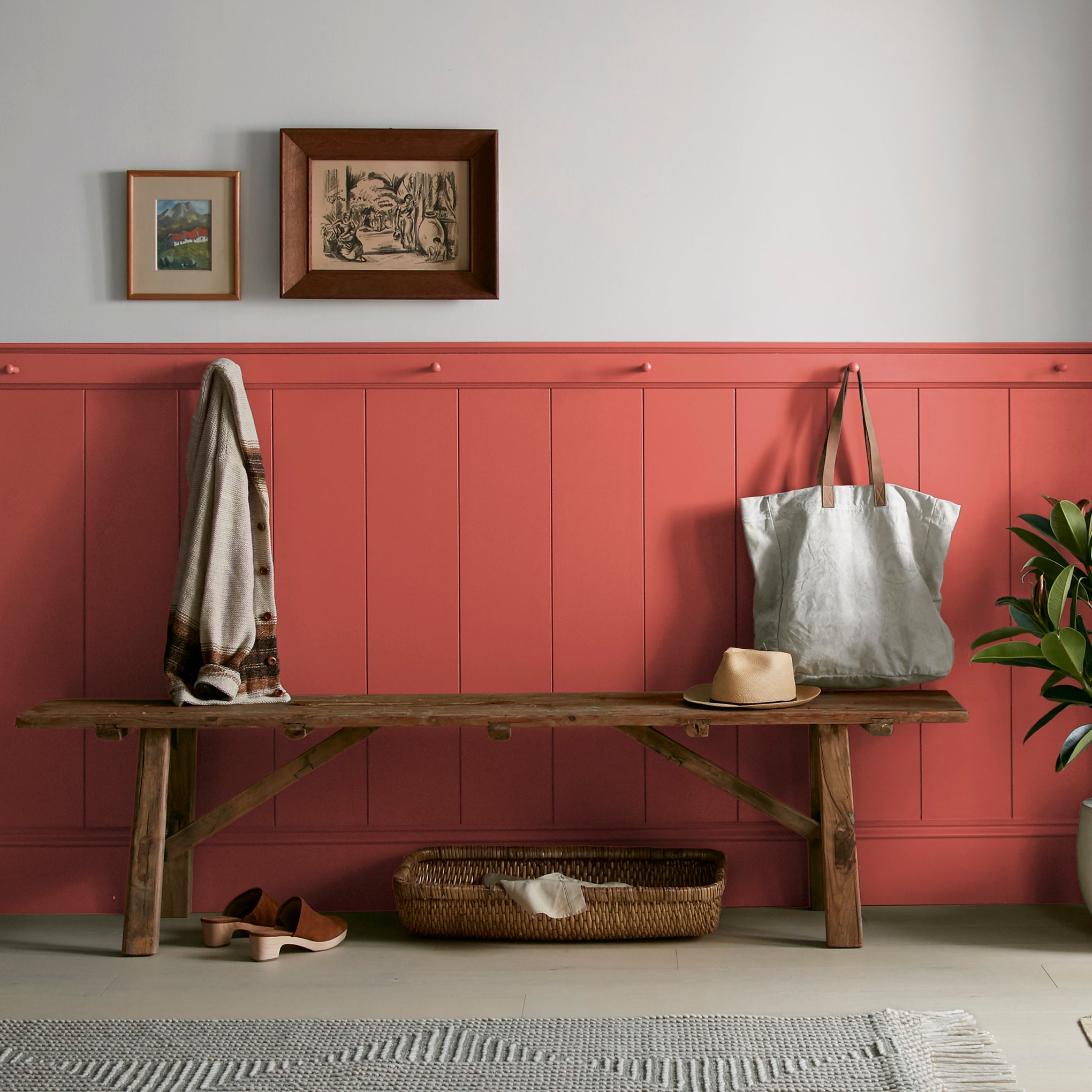 Bright red interior paint named hopscotch shown painted on entryway wall