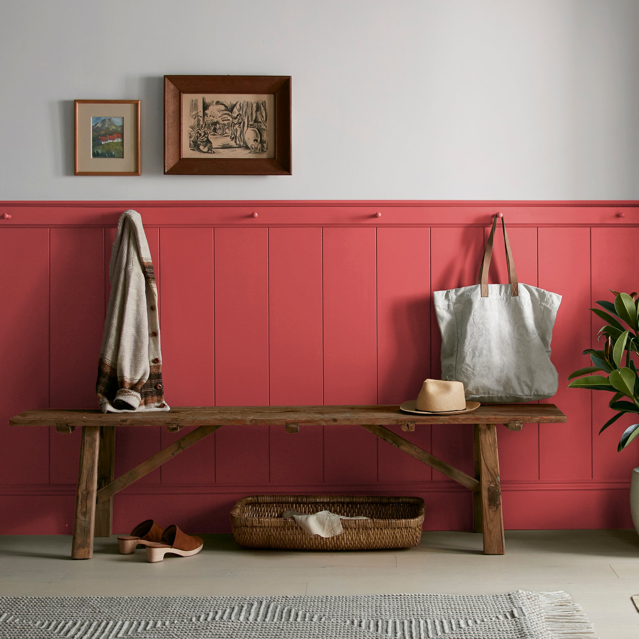 Bright pomegranate red interior paint named brave and bold shown painted on entryway wall