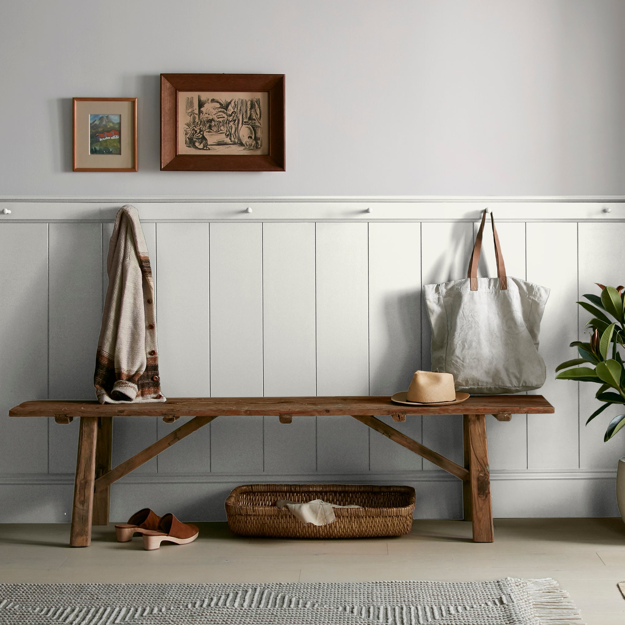 Crisp white with beige interior paint named panna cotta shown painted on entryway wall