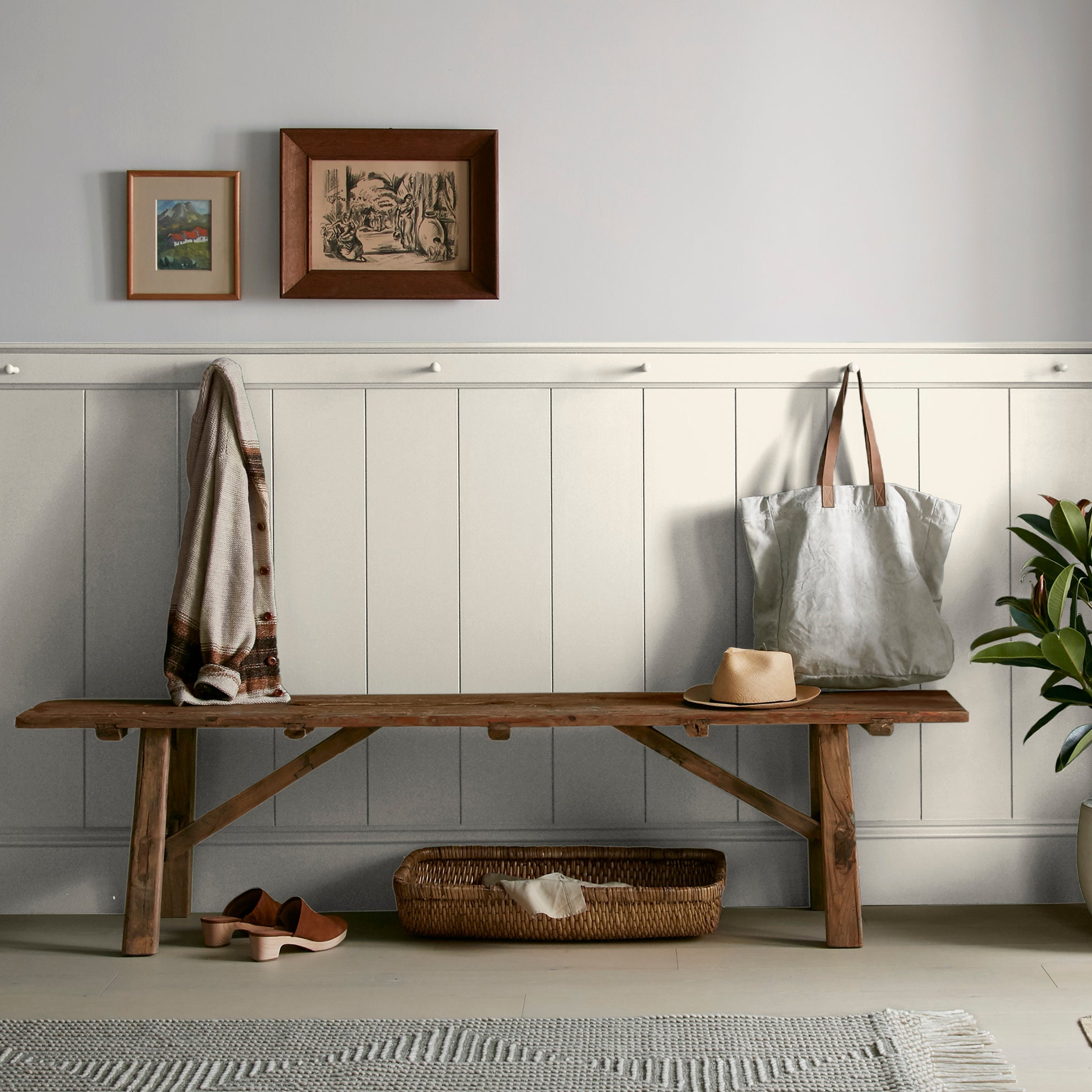 A bleached beige interior paint named pearly cotton shown painted on entryway wall