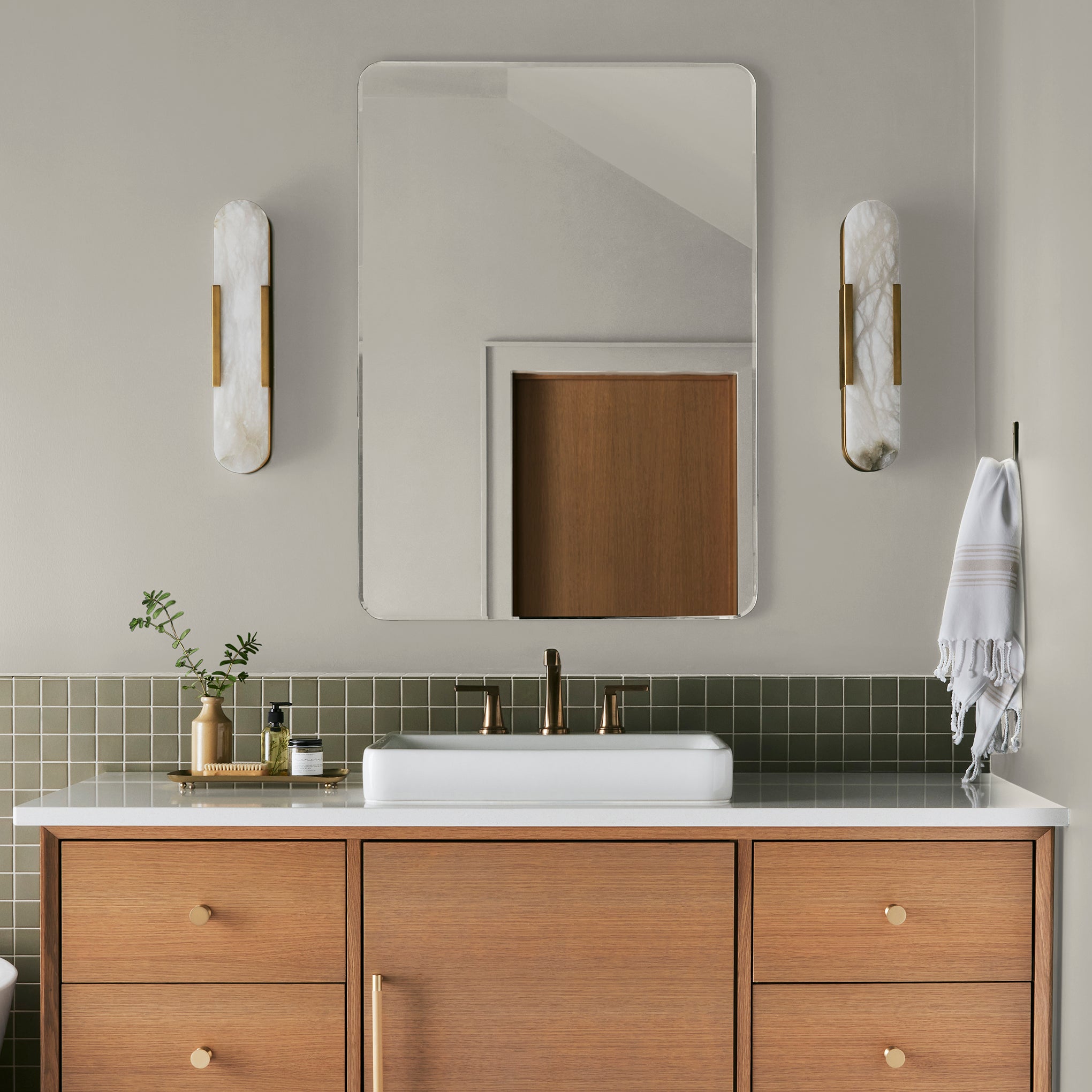 Warm white brushed with warm beige interior paint named locally sown shown painted on bathroom wall