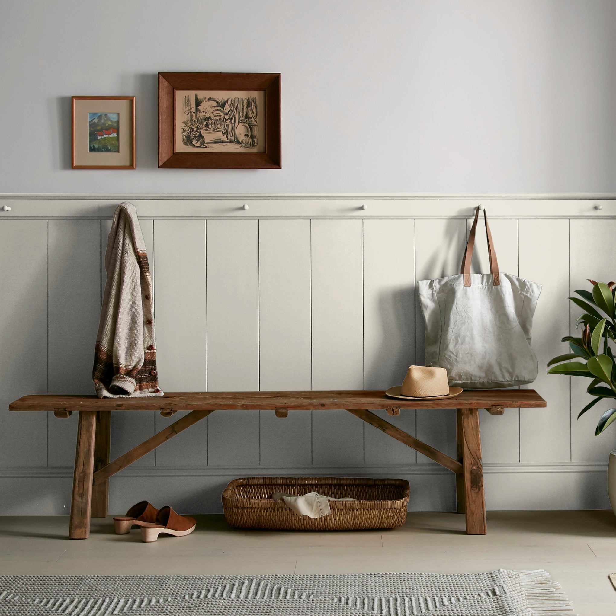 Warm white brushed with warm beige interior paint named locally sown shown painted on entryway wall