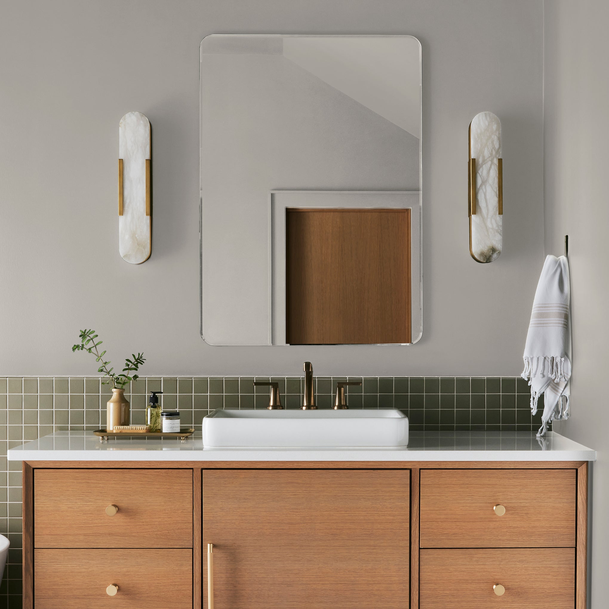 light grey-beige paint named yarn shown painted on bathroom wall