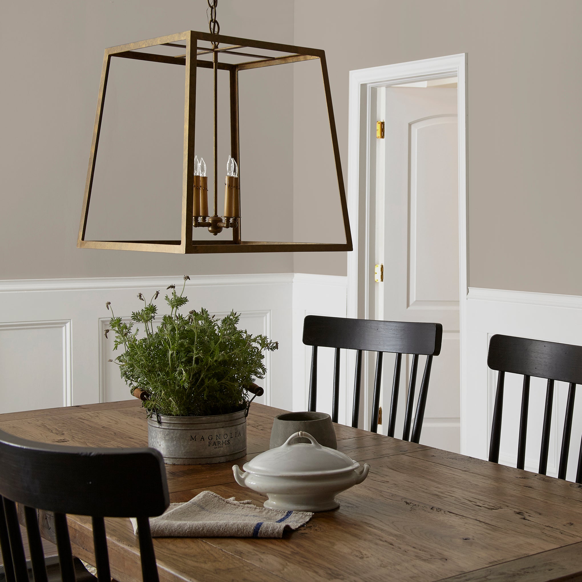 Cloudy hazel beige interior paint named quaint cottage shown painted on dining room wall