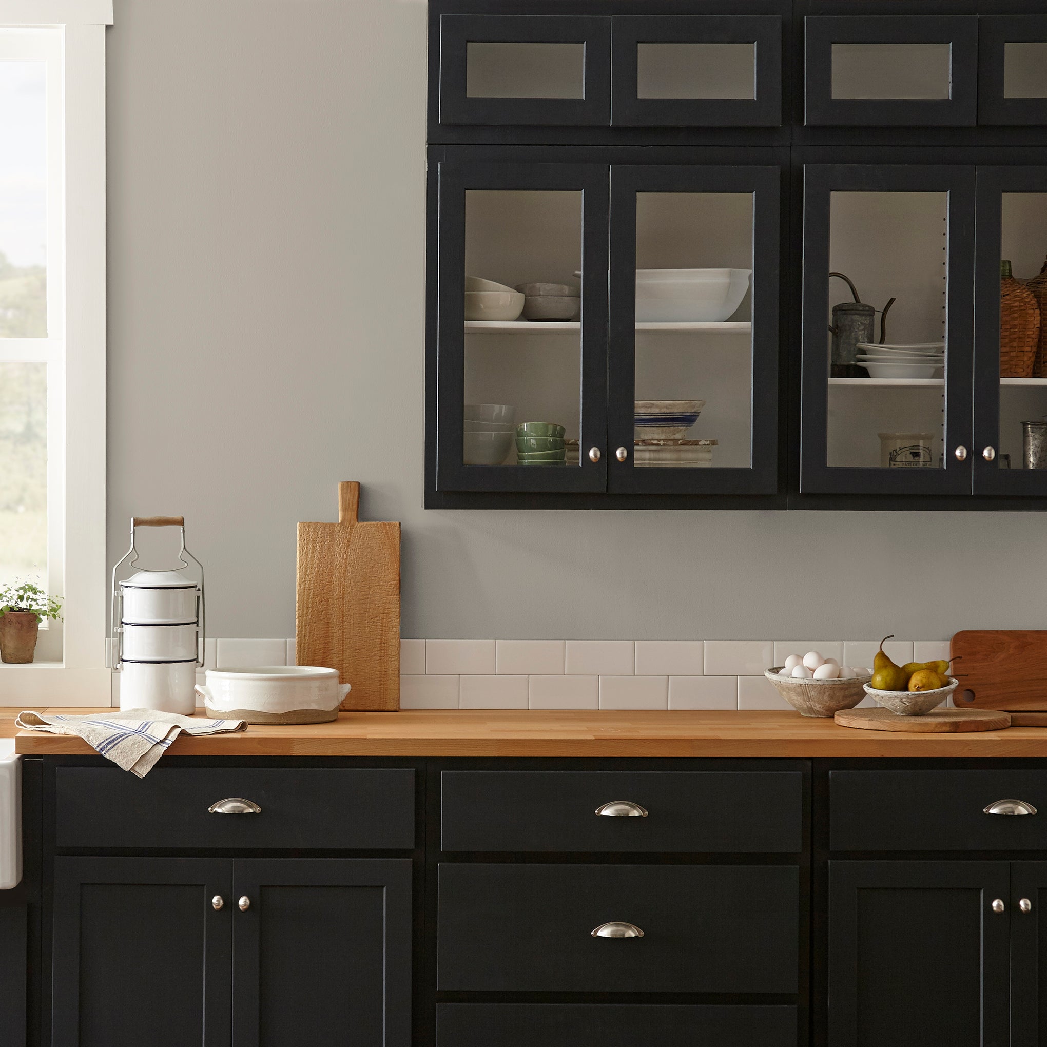 Cloudy hazel beige interior paint named quaint cottage shown painted on kitchen wall