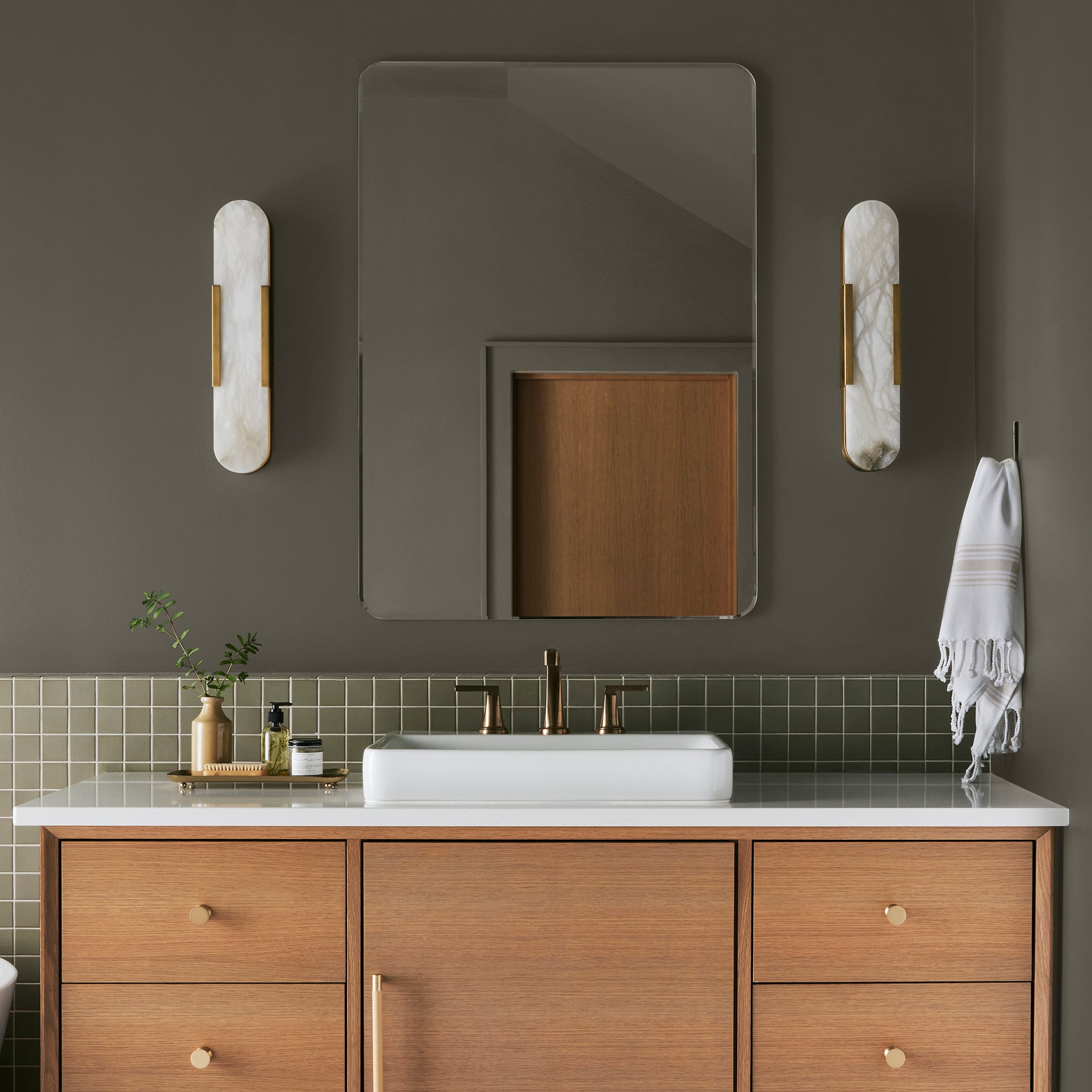Woodsy brown with a touch of green interior paint named wooded acres shown painted on bathroom wall