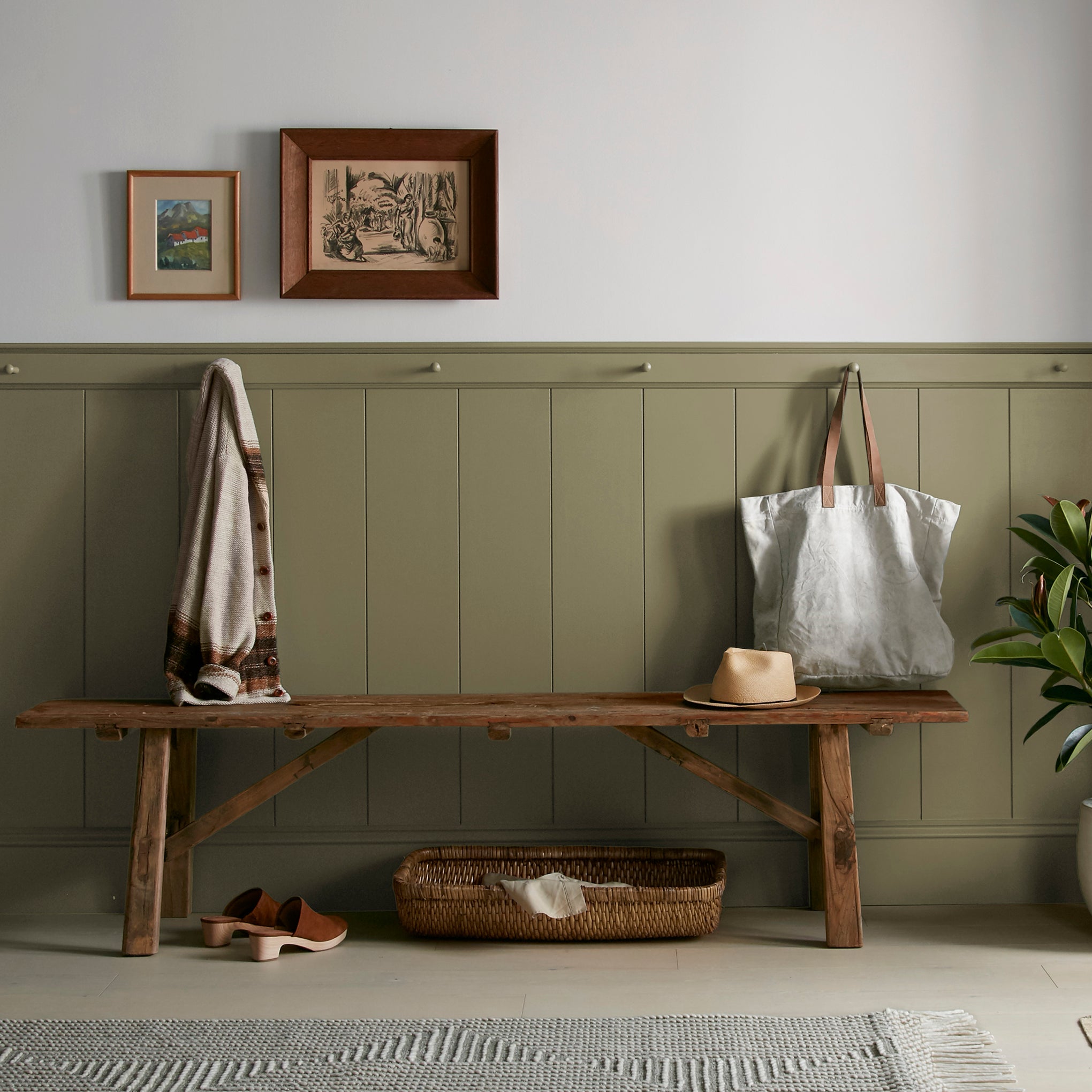 Asparagus green with hazel hues interior paint named landscape shown painted on entryway wall