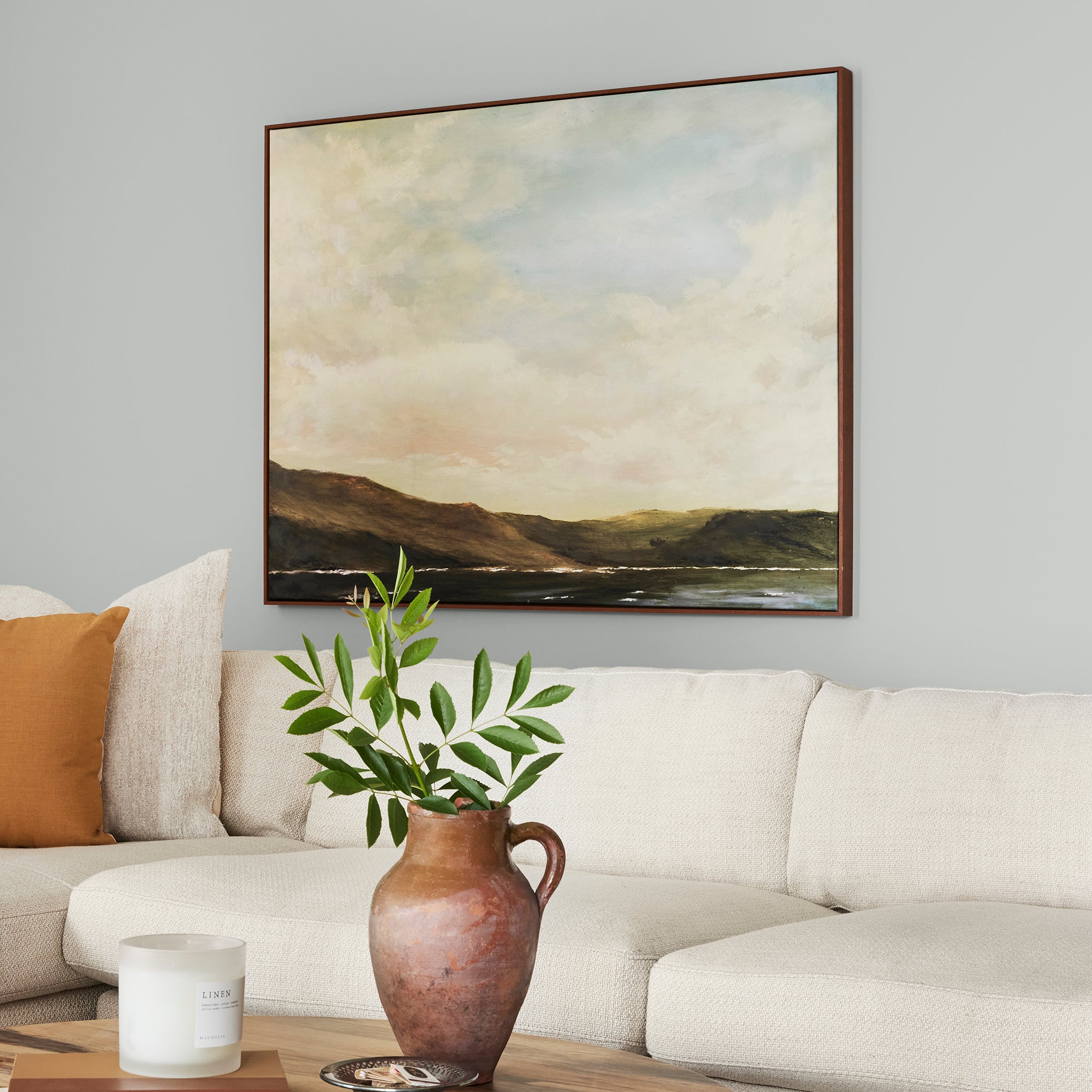light grey-blue paint named dark moon shown painted on living room wall