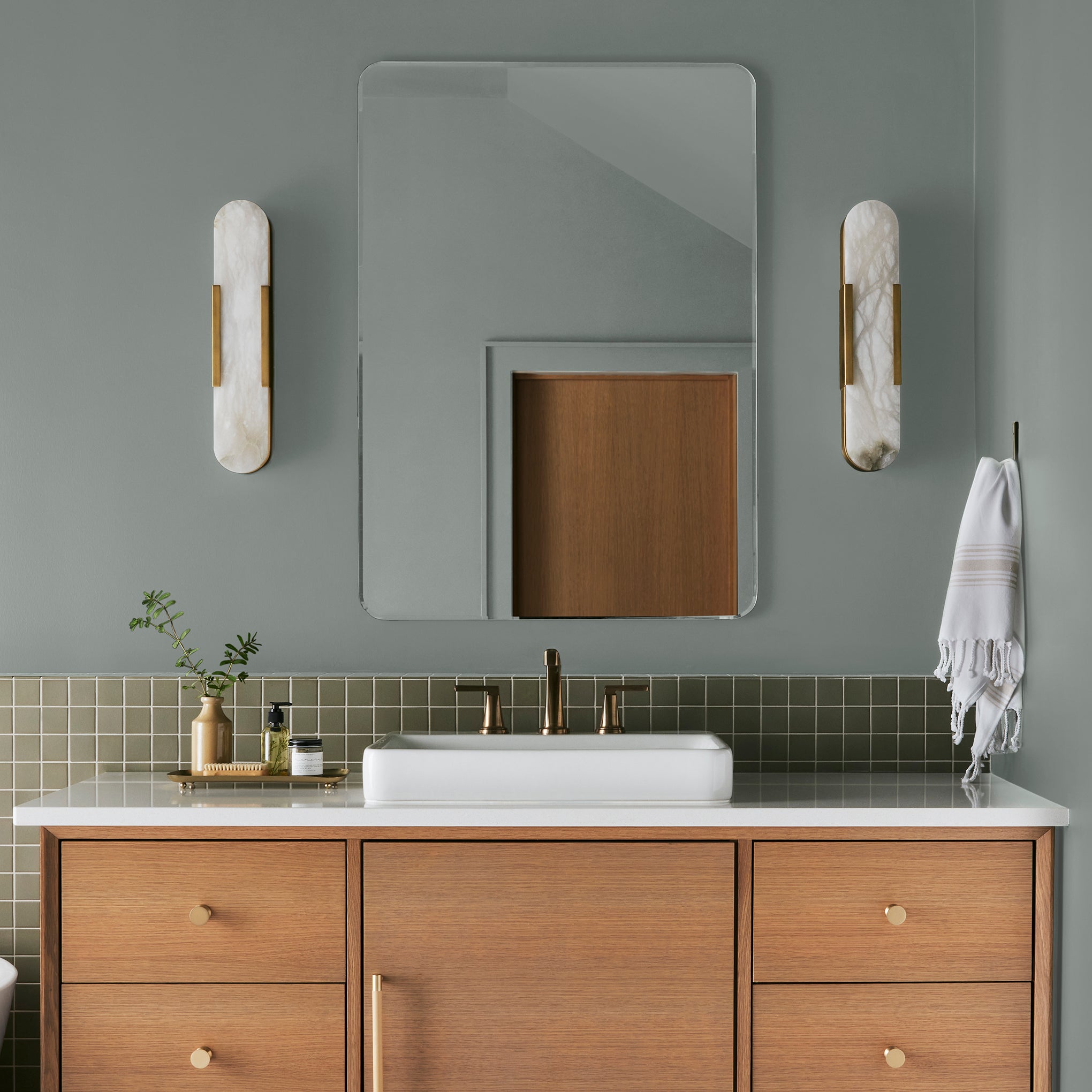 Cement gray with blue undertones interior paint named clean slate shown painted on bathroom wall