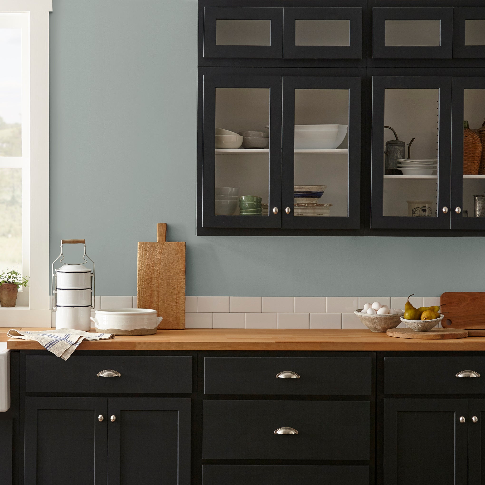 Cement gray with blue undertones interior paint named clean slate shown painted on kitchen wall