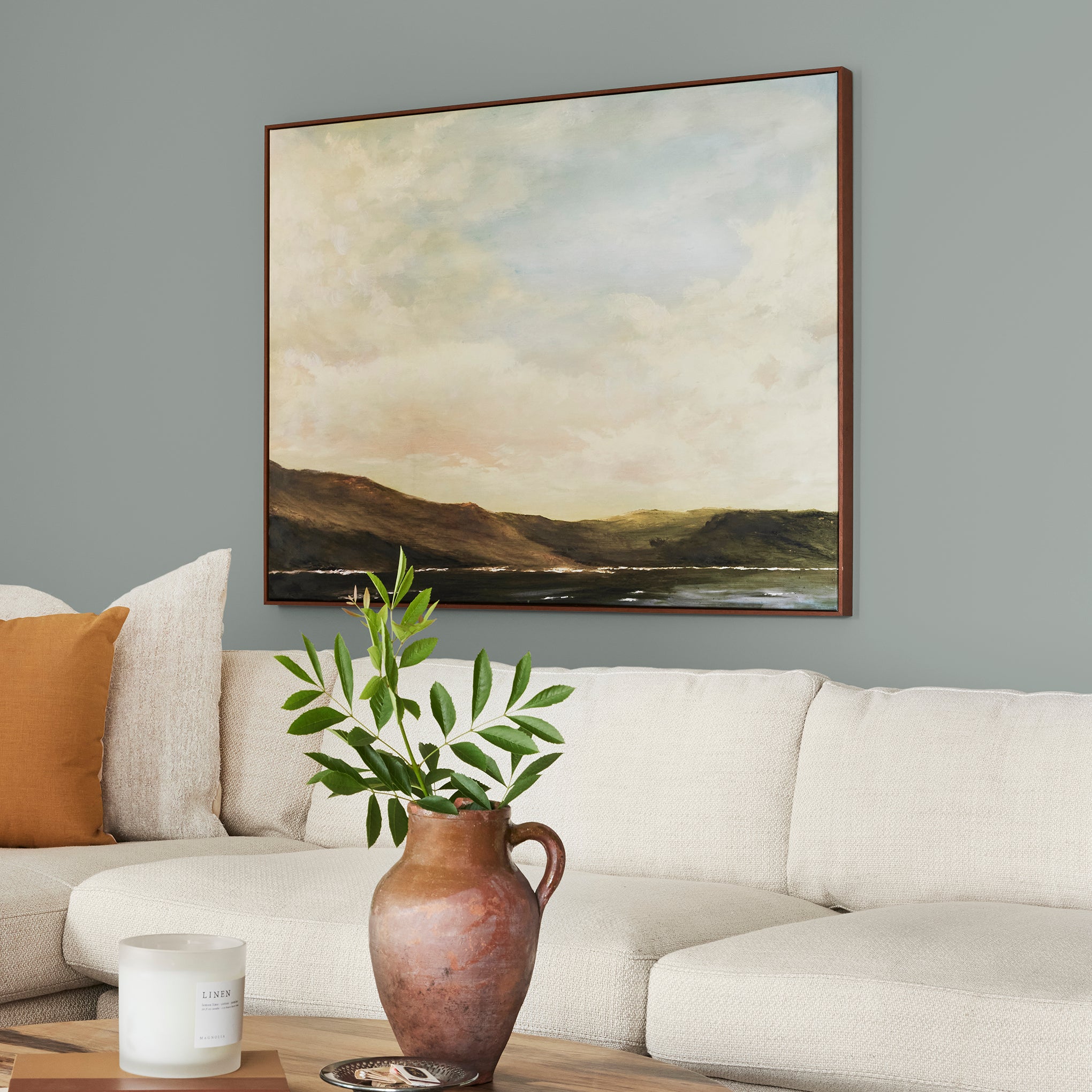 Cement gray with blue undertones interior paint named clean slate shown painted on living room wall