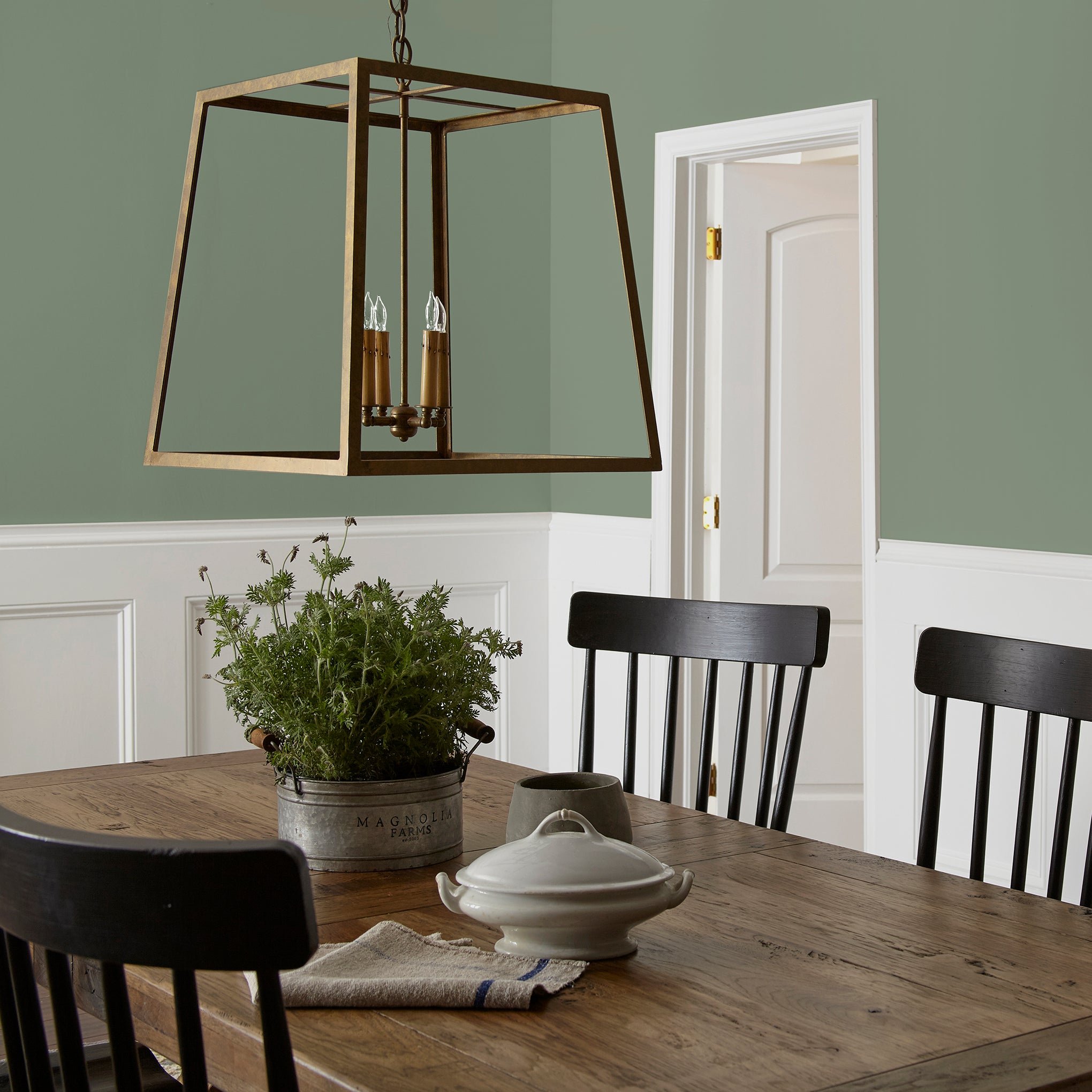 medium olive green paint named olive grove shown painted on dining room wall
