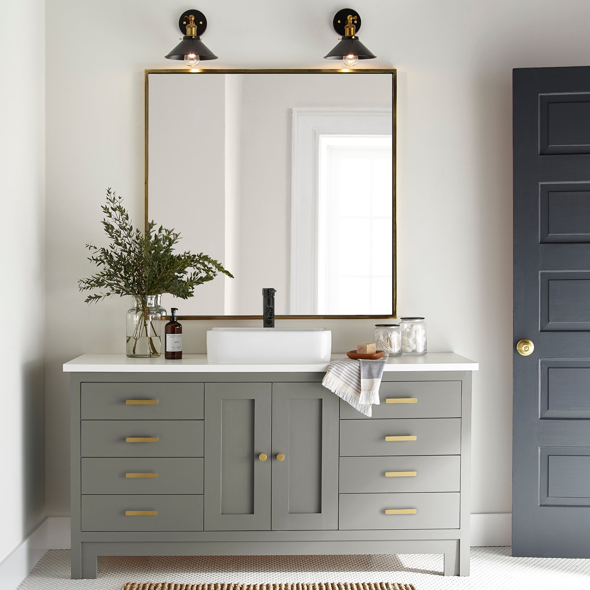 Gray with sage and olive green undertones door and cabinet paint named boutique gray shown painted on bathroom cabinet