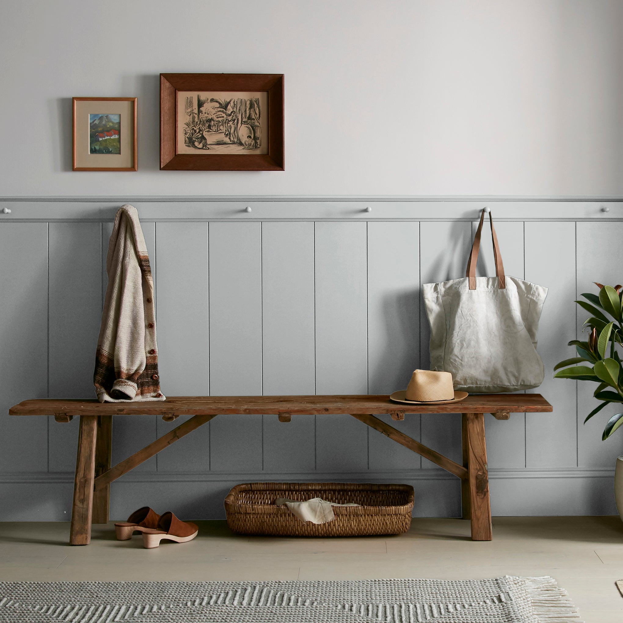 Light silver gray interior paint named loft shown painted on entryway wall