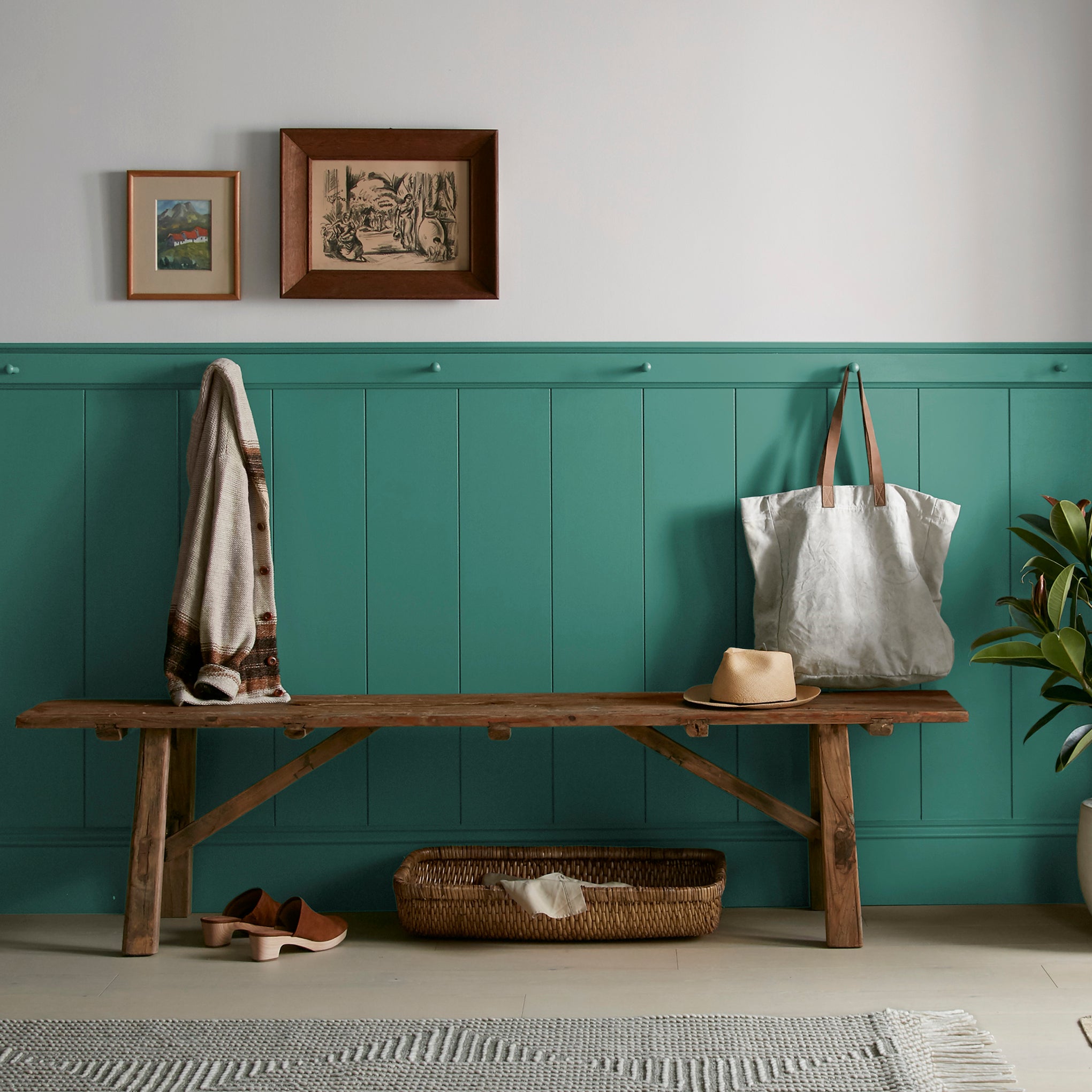 crisp hunter green with golden accents paint named aspen leaf shown painted on entryway wall