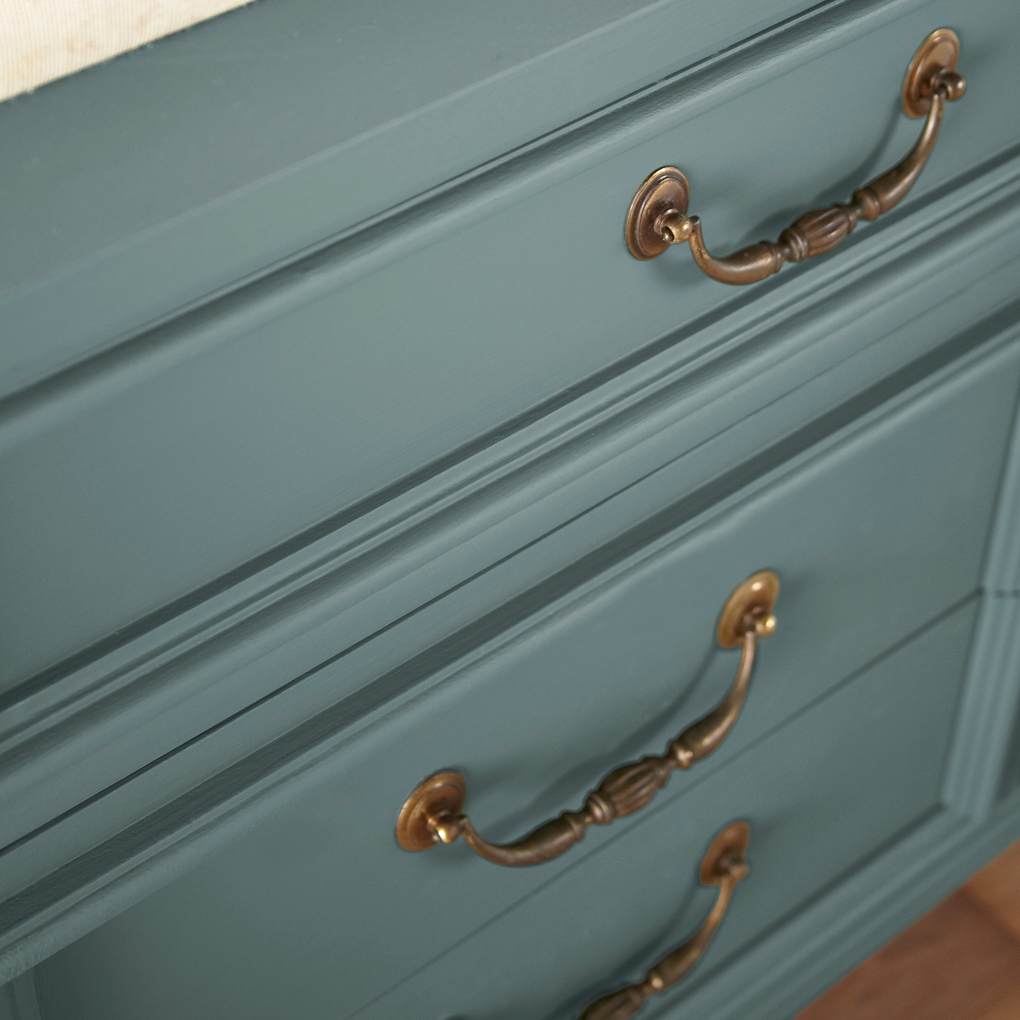 Deep dusty sea green door and cabinet paint named demo day shown painted on cabinet