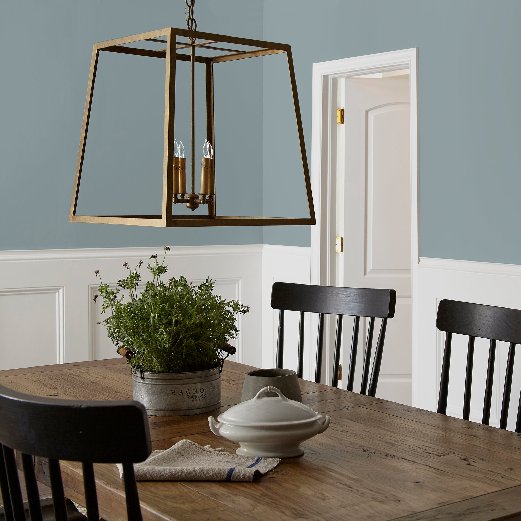 medium grey-blue paint named display shown painted on dining room wall