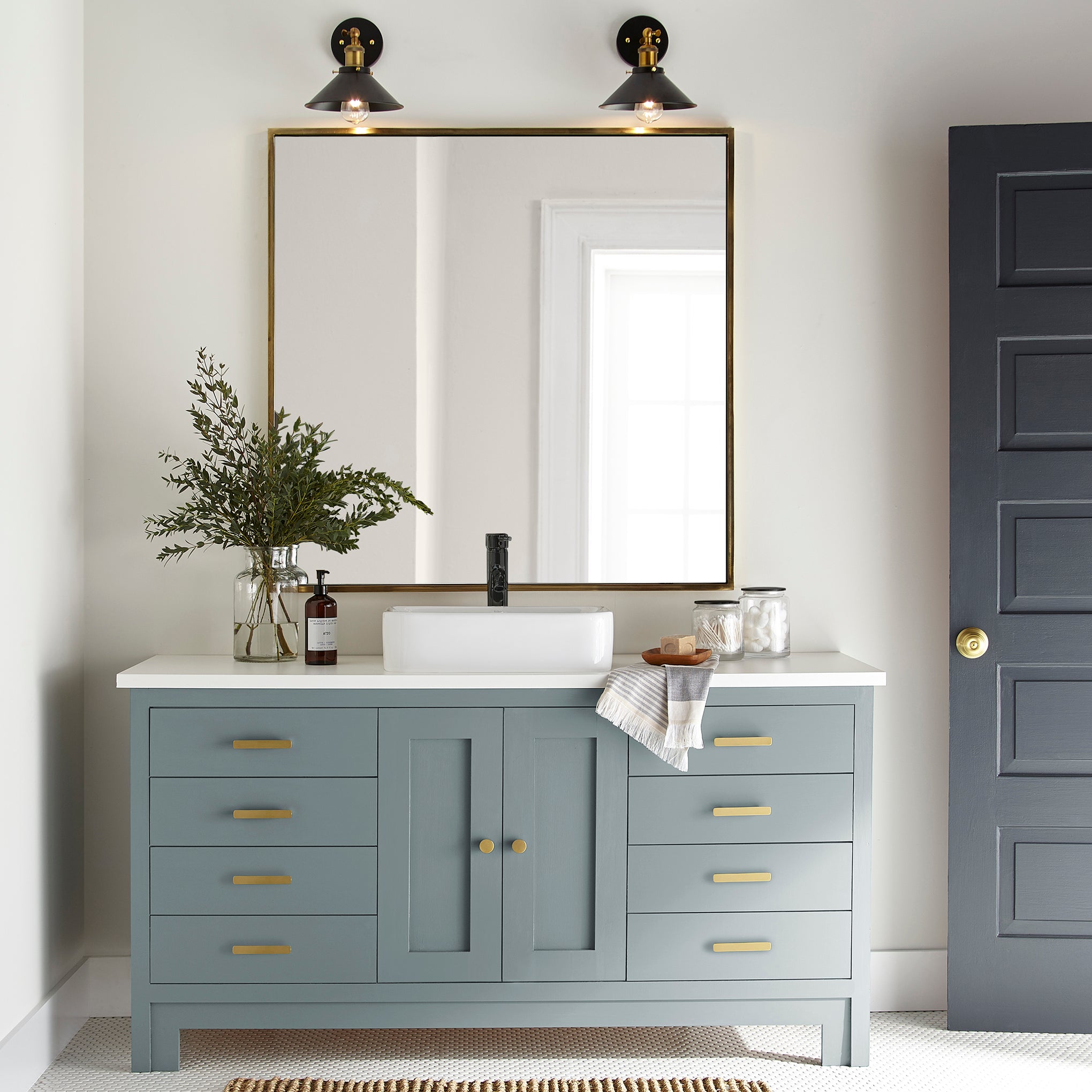 Deep dolphin gray with blue undertones door and cabinet paint named display shown painted on bathroom cabinet