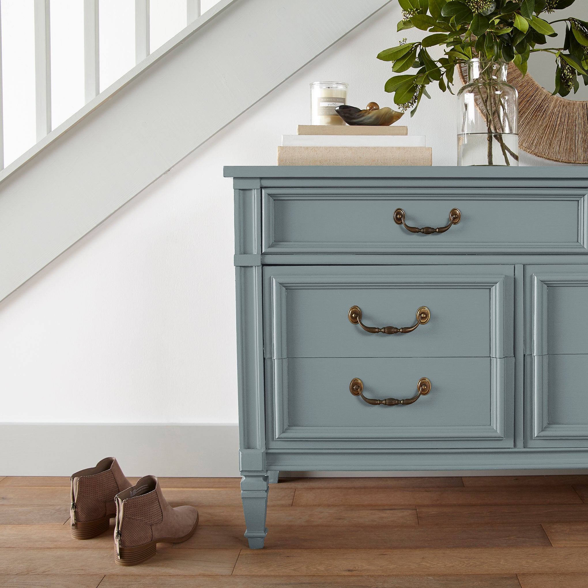 Deep dolphin gray with blue undertones door and cabinet paint named display shown painted on entryway cabinet