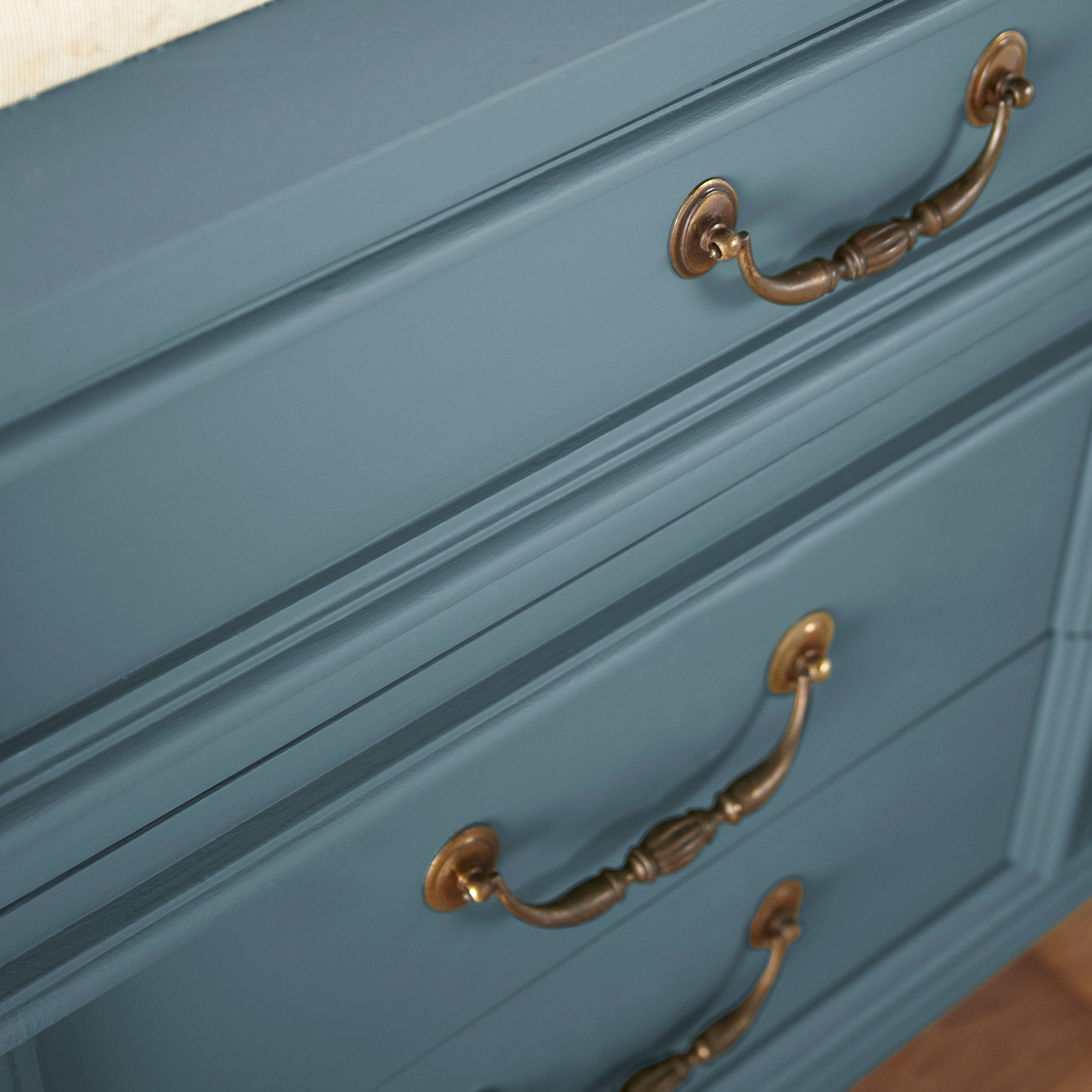 Deep steely blue door and cabinet paint named blue skies shown painted on cabinet