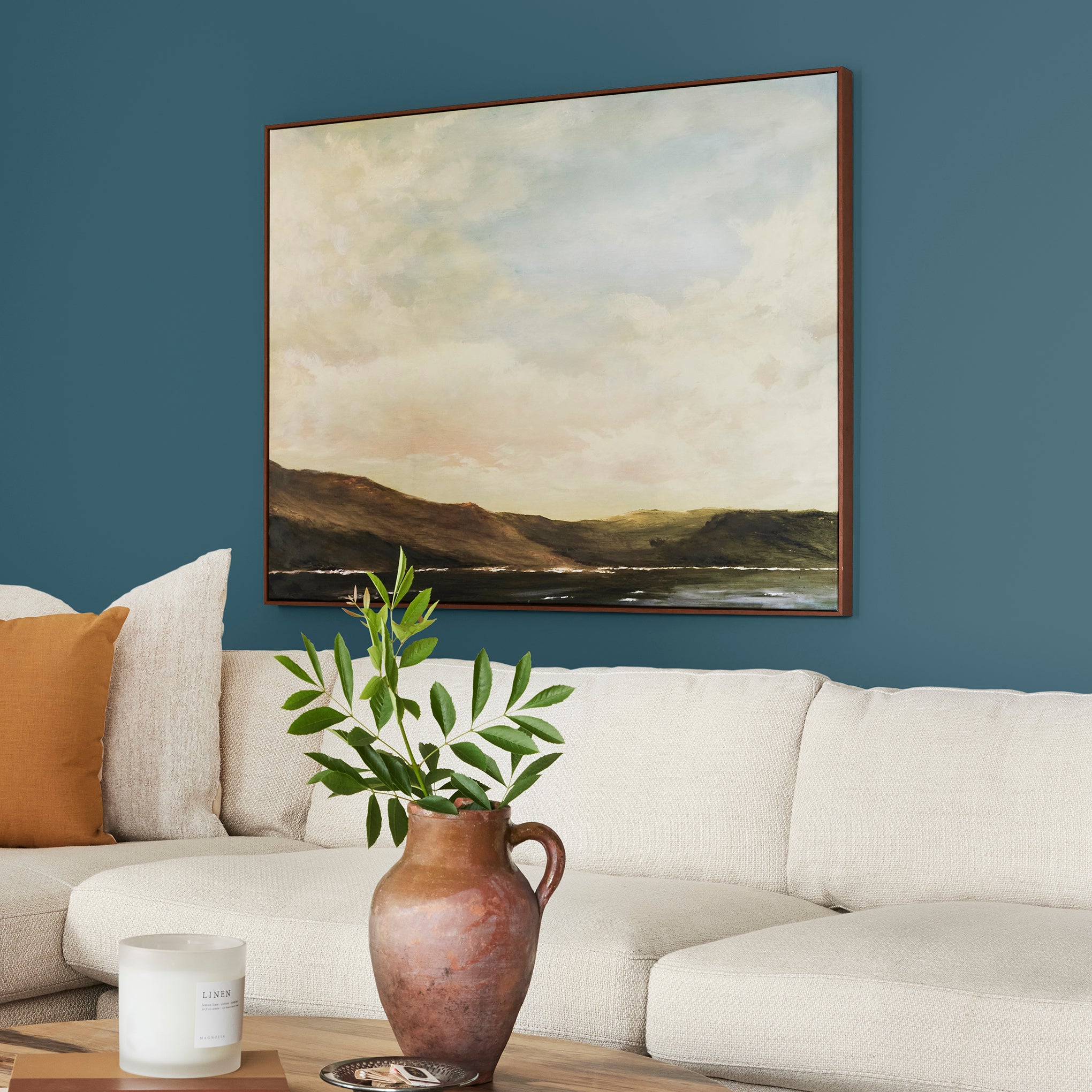 Deep denim blue interior paint named signature shown painted on living room wall