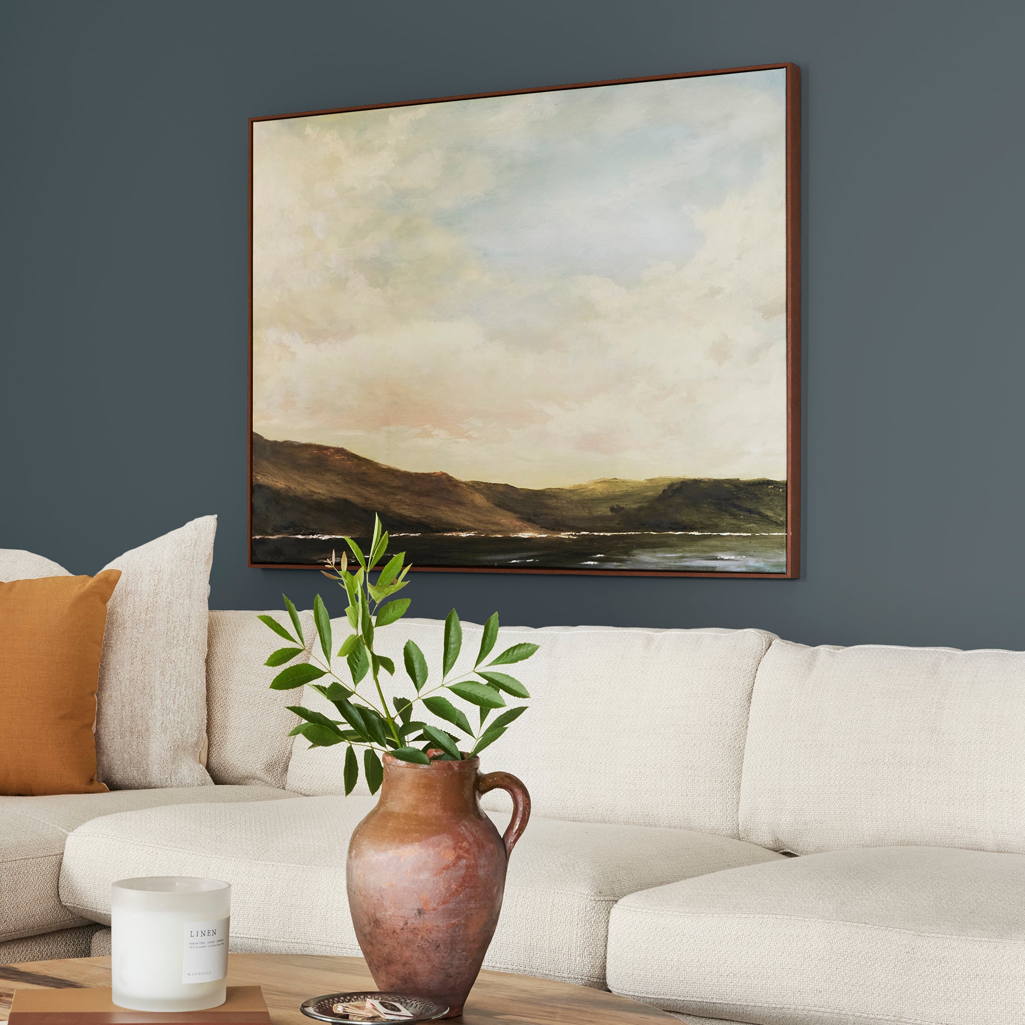 Almost black with dark blue undertones interior paint named arches shown painted on living room wall