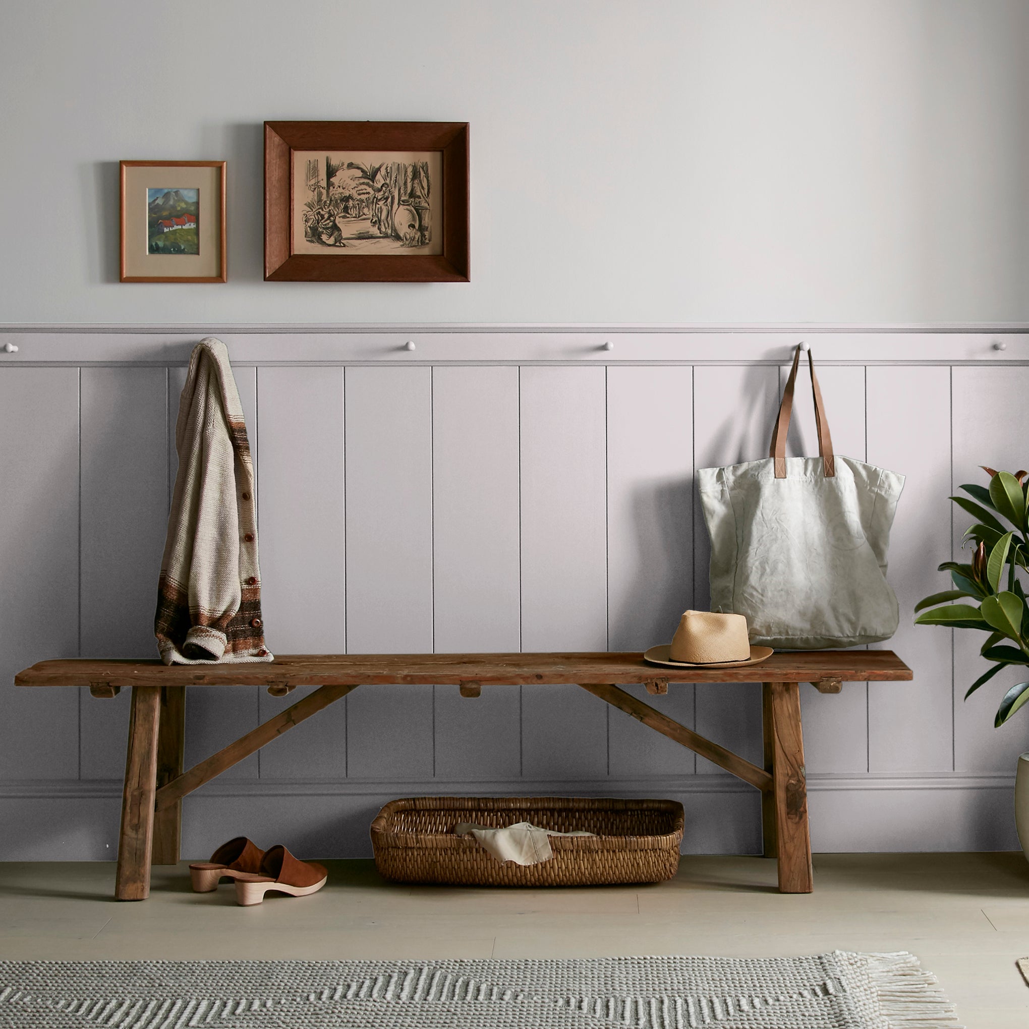 light muted lavender paint named in bloom shown painted on entryway walls