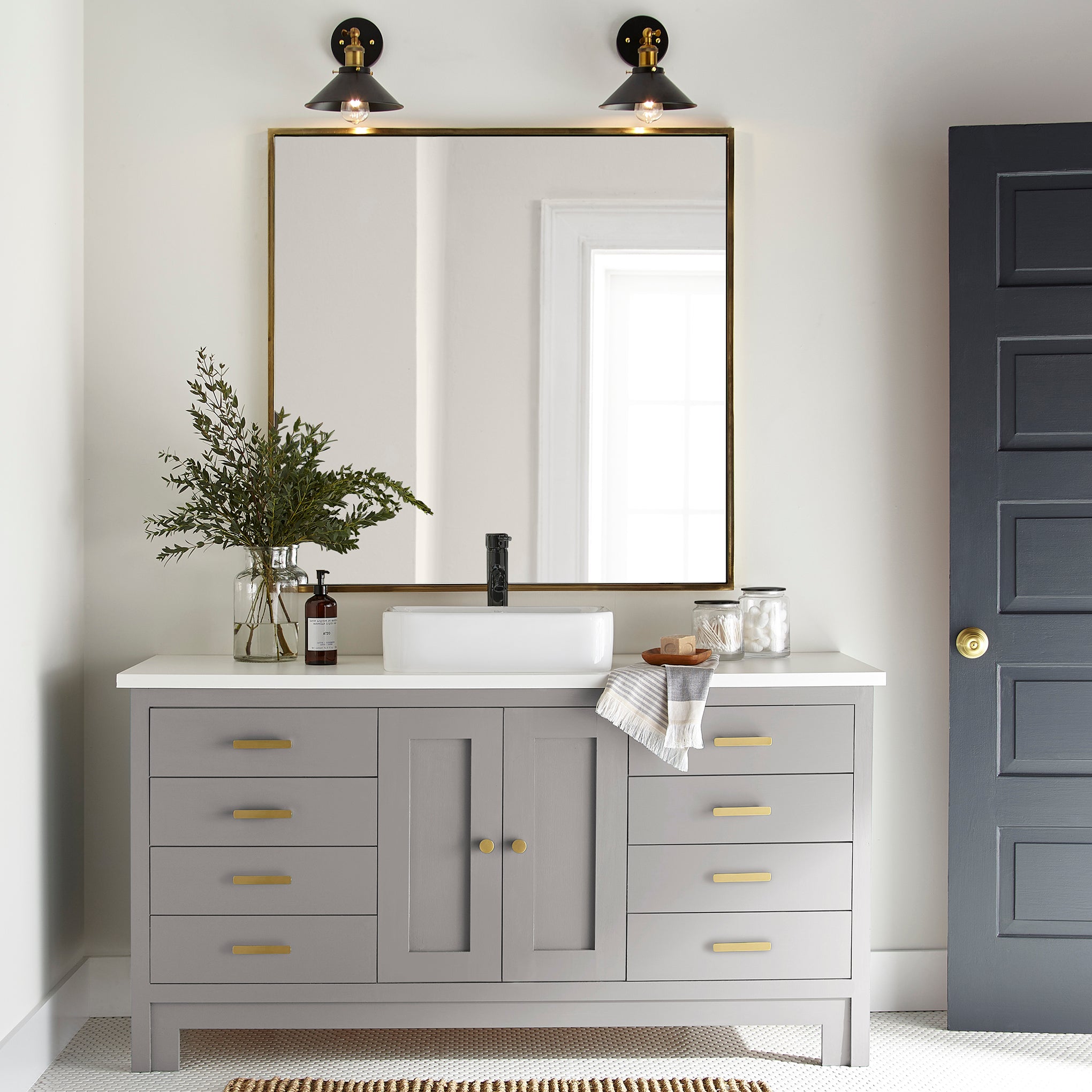 Lavender blush blended with ivory gray door and cabinet paint named vintage collection shown painted on bathroom cabinet