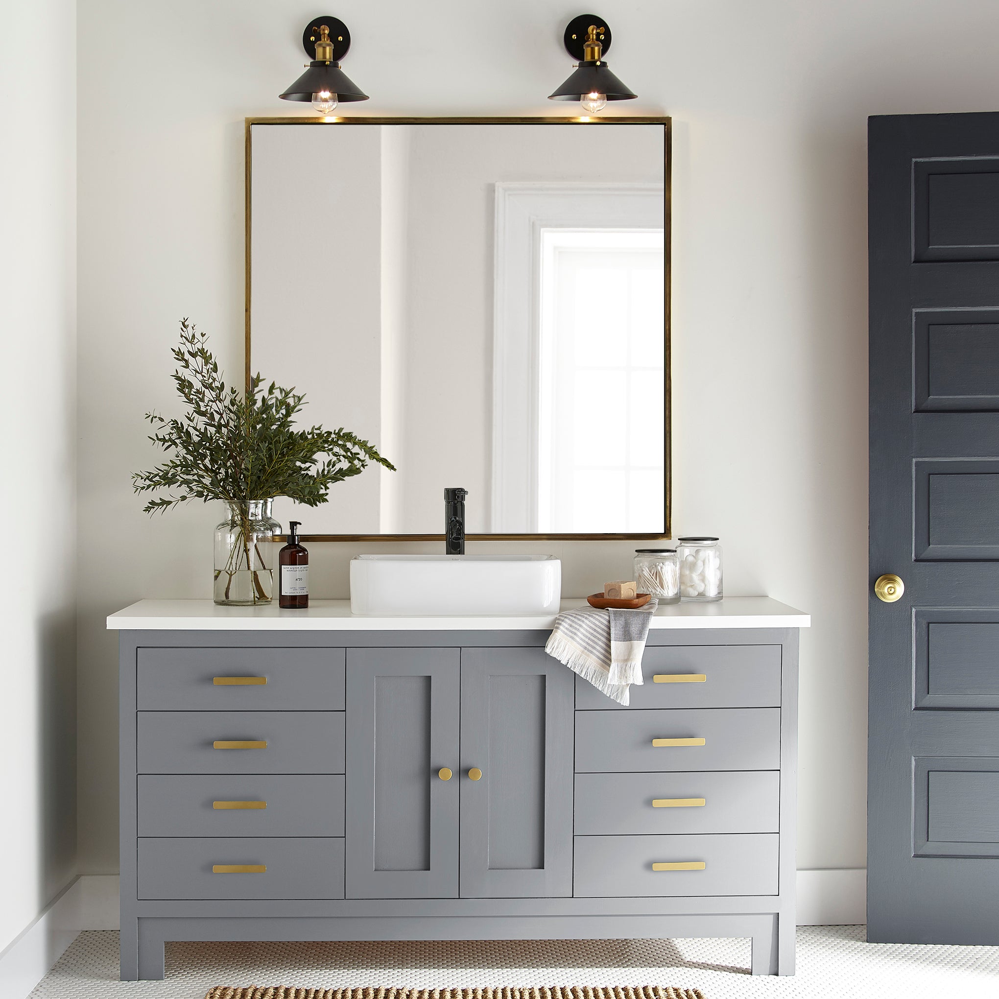 Deep cement gray door and cabinet paint named times past shown painted on bathroom cabinet