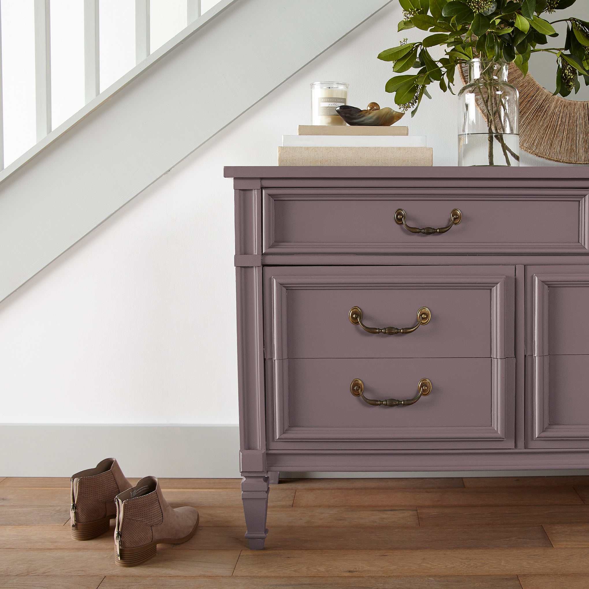 Deep and dusty berry door and cabinet paint named webster avenue shown painted on entryway cabinet
