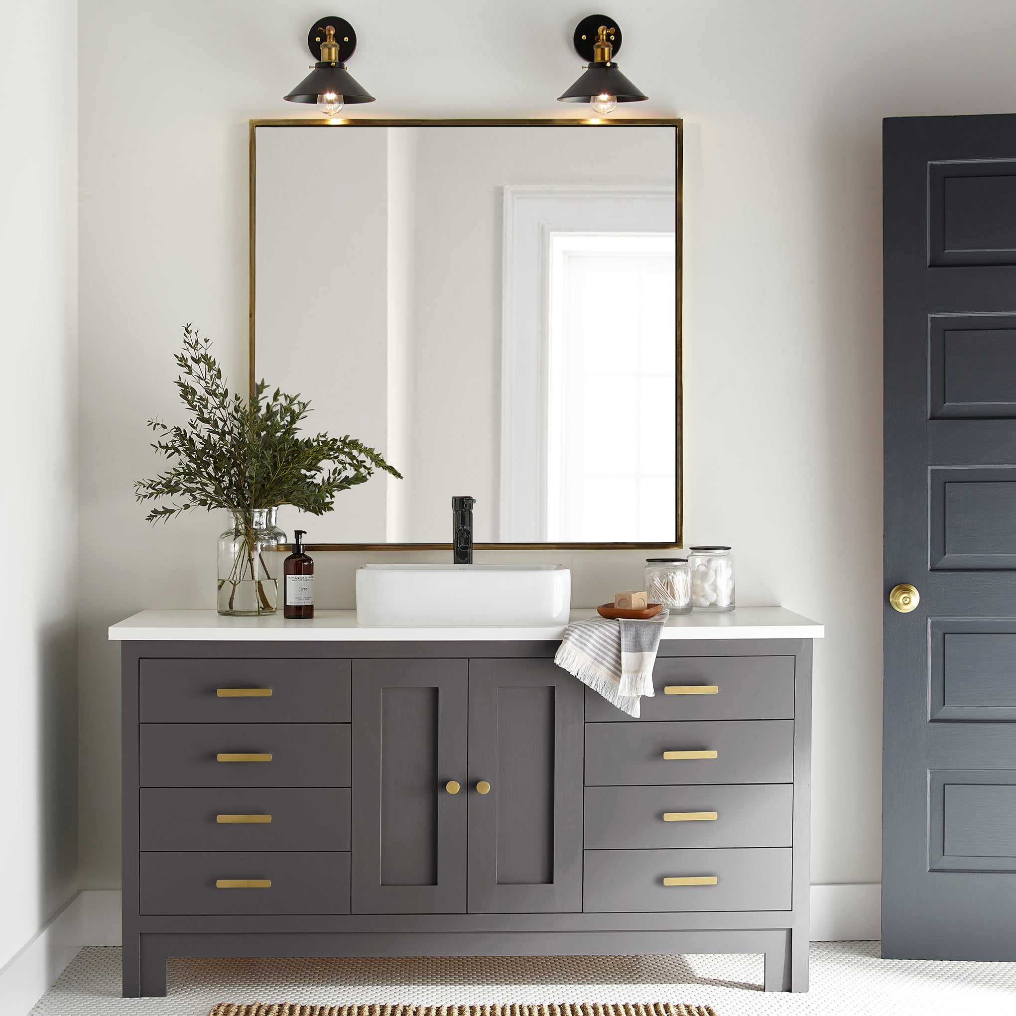 Deep brown with wine and beet red hues door and cabinet paint named pecan grove shown painted on bathroom cabinet