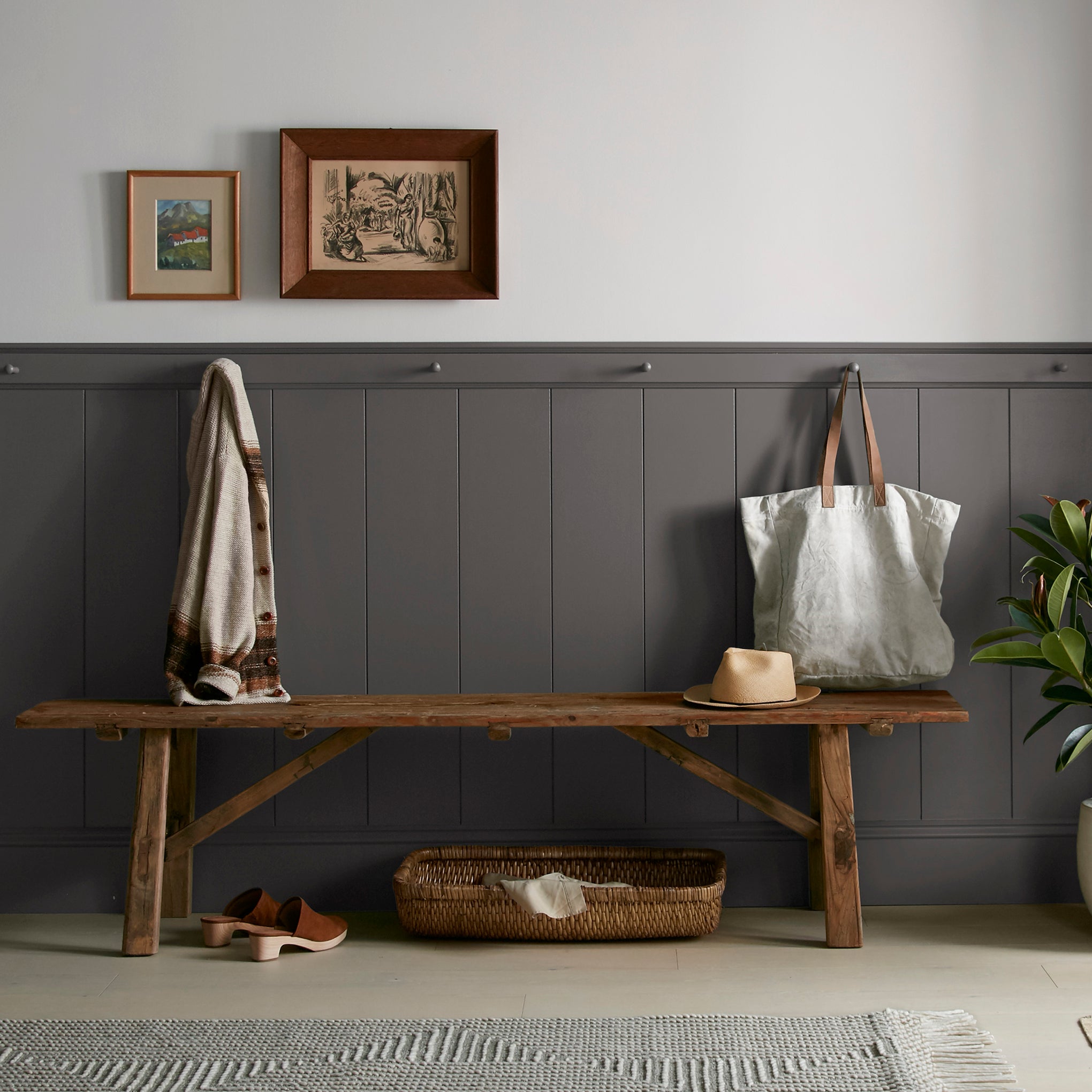 Dark chocolate brown interior paint named moments shown painted on entryway wall