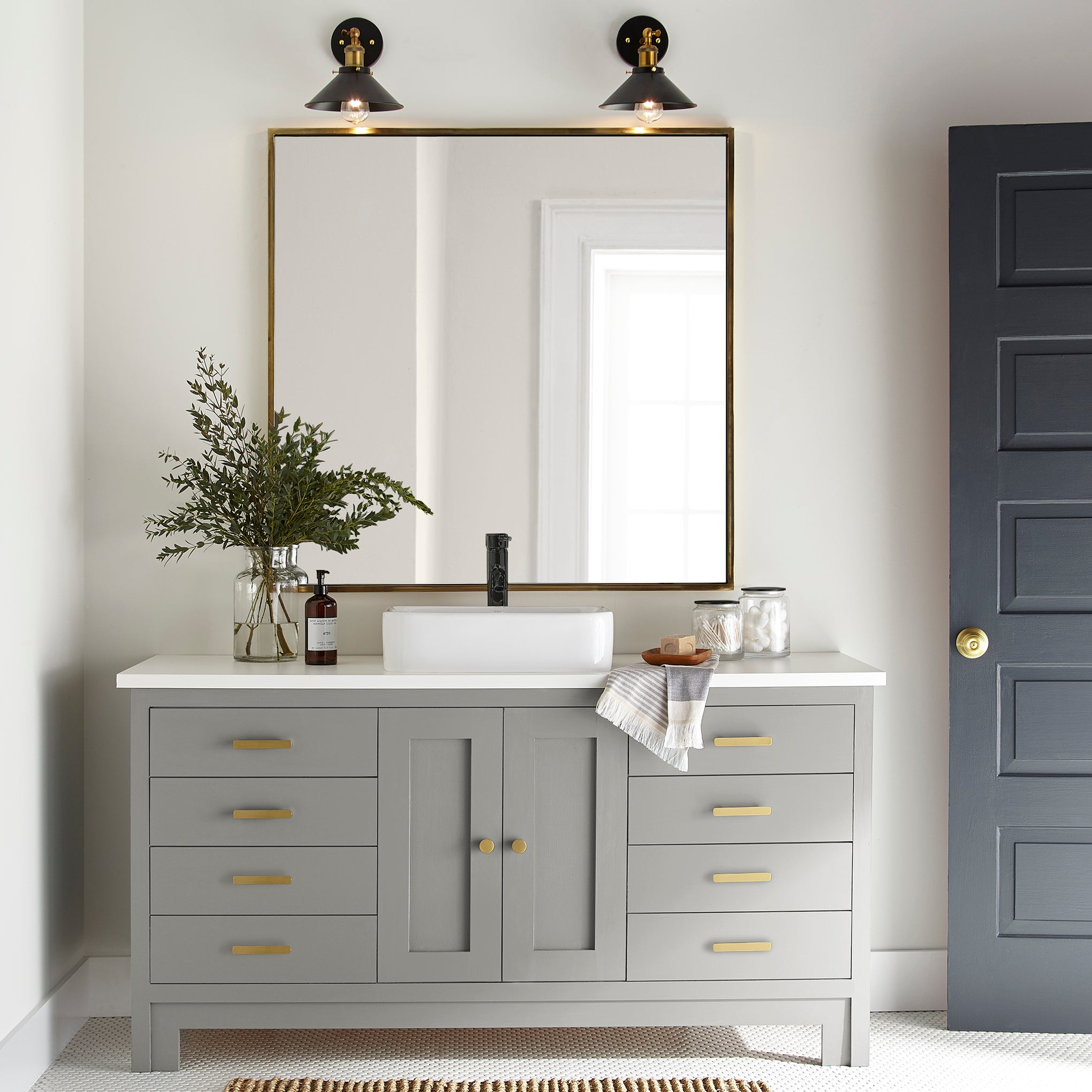 Light overcast gray door and cabinet paint named refinished shown painted on bathroom cabinet