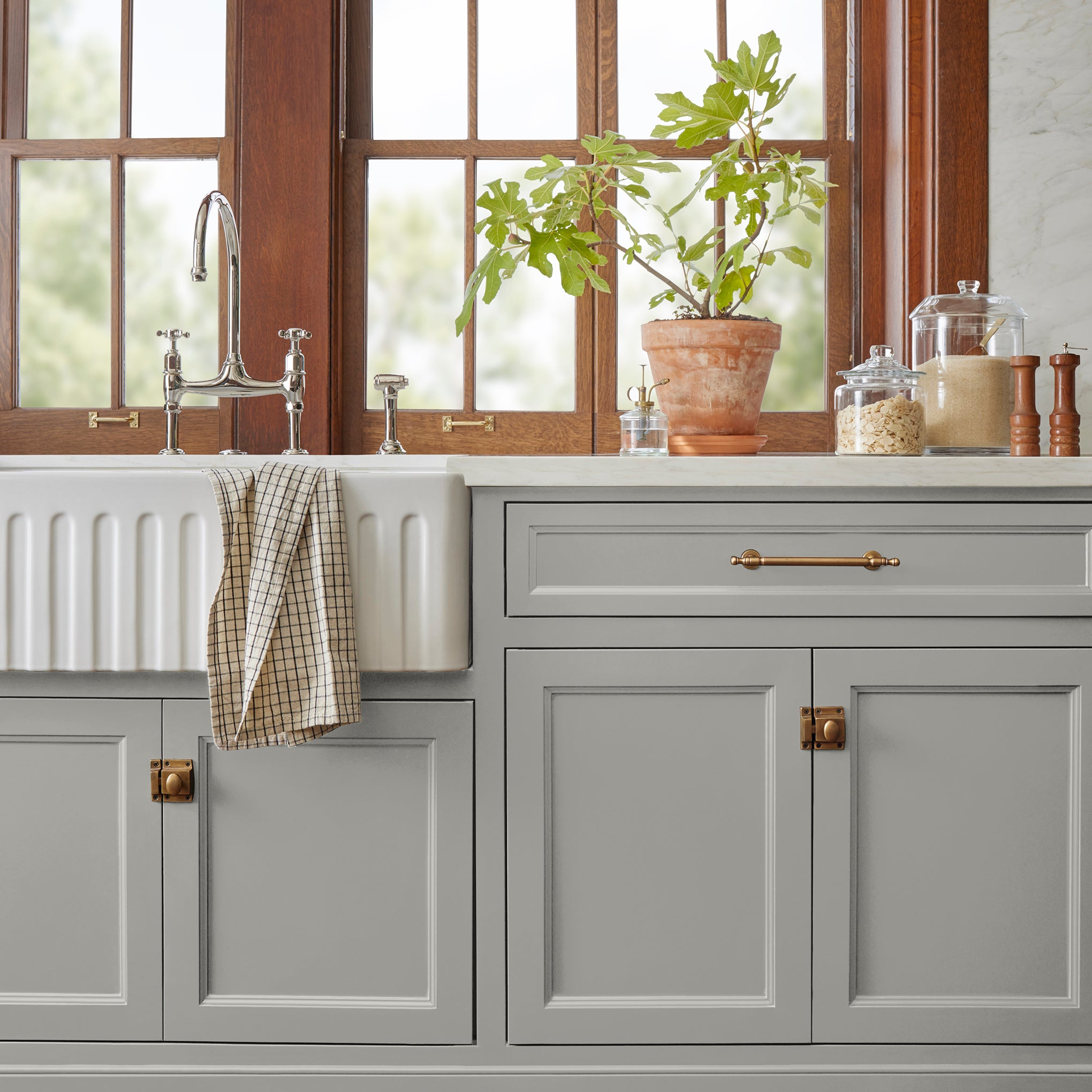 Light overcast gray door and cabinet paint named refinished shown painted on kitchen cabinet