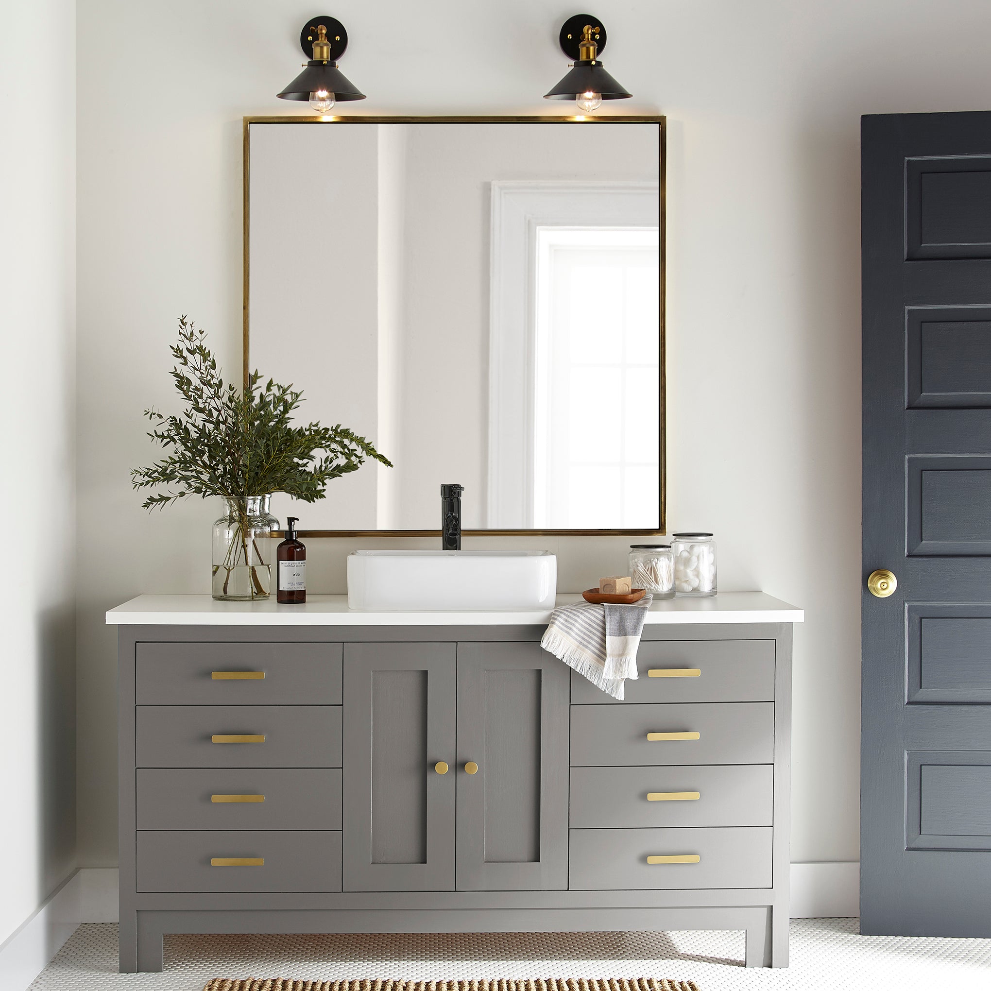 Smoky mid-toned brown door and cabinet paint named nesting box shown painted on bathroom cabinet