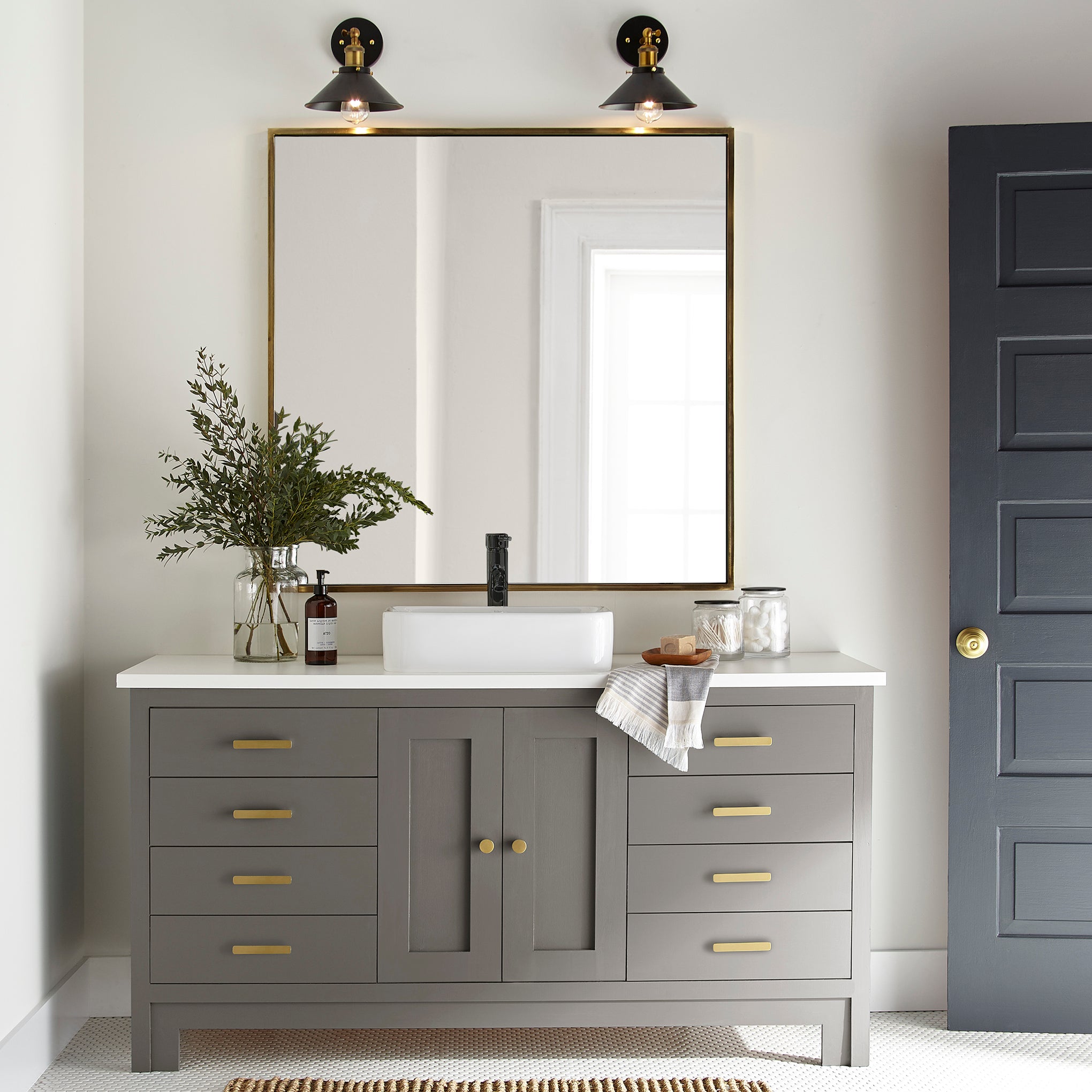 Rich earthy brown door and cabinet paint named rocking horse shown painted on bathroom cabinet
