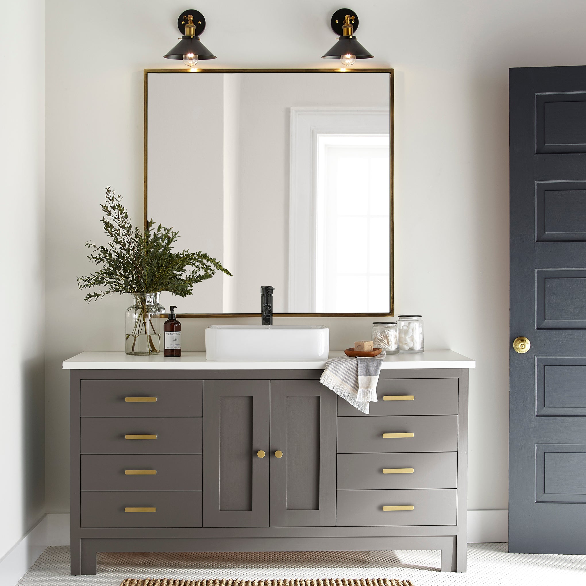 Dark cocoa and cedar brown door and cabinet paint named cut cedar shown painted on bathroom cabinet