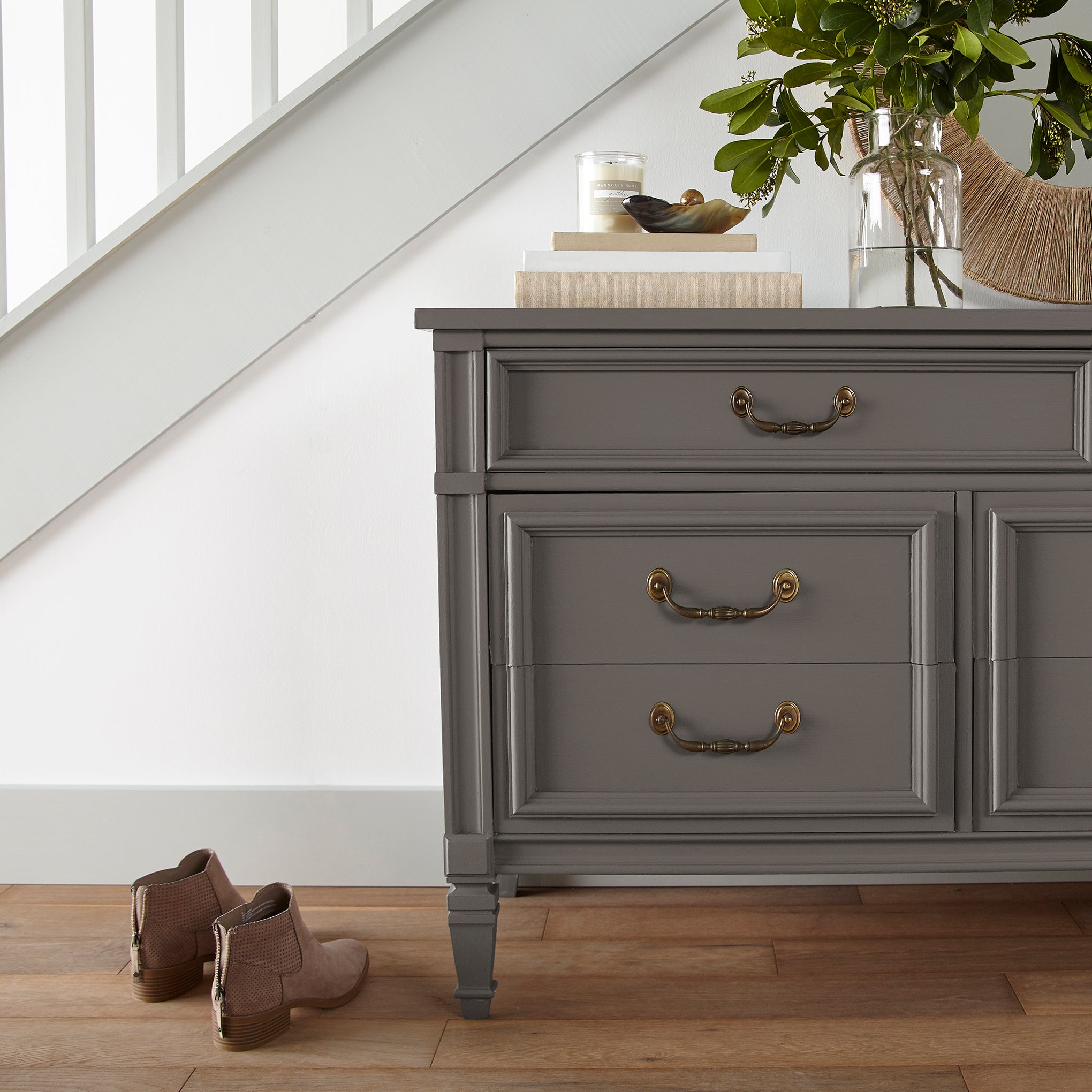 Dark cocoa and cedar brown door and cabinet paint named cut cedar shown painted on entryway cabinet