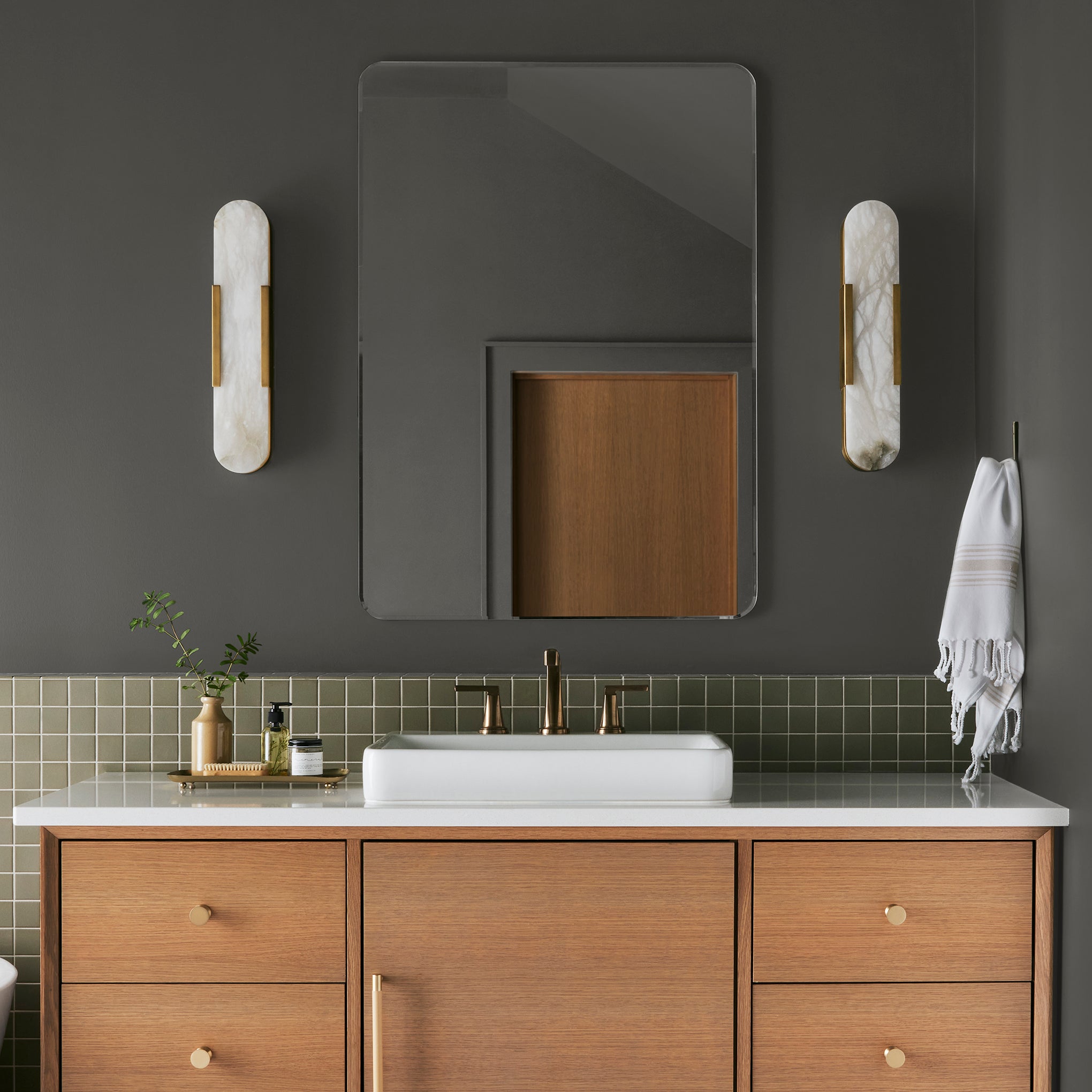 Deep brown with hazel and cocoa notes interior paint named repurpose shown painted on bathroom wall