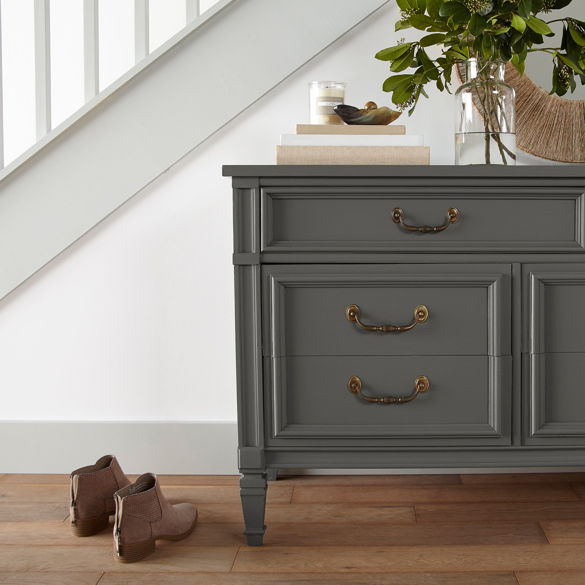Deep brown with hazel and cocoa notes door and cabinet paint named repurpose shown painted on entryway cabinet