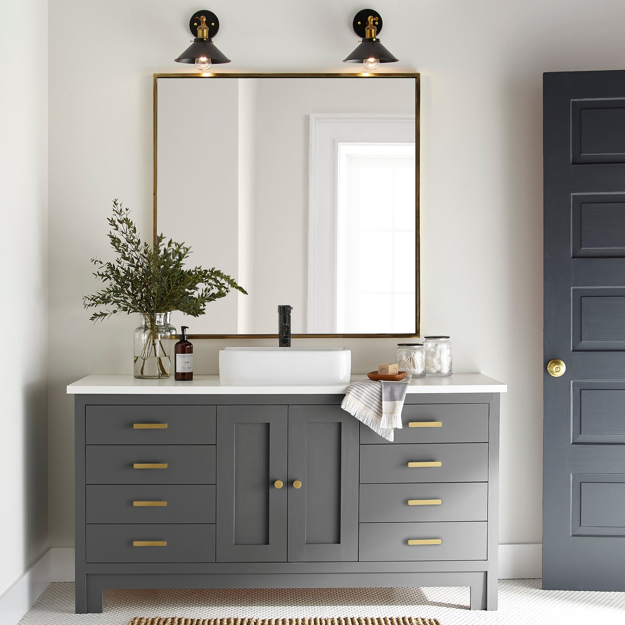 Almost black with green undertones door and cabinet paint named prairie smoke shown painted on bathroom cabinet
