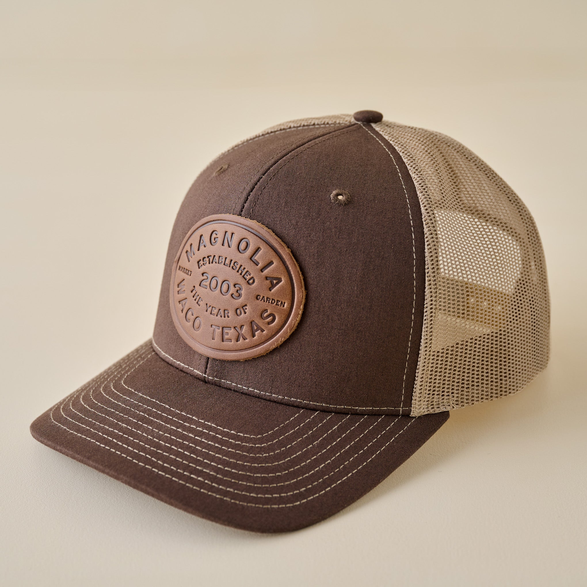 Magnoliass Brown and Khaki Leather Patch Hat