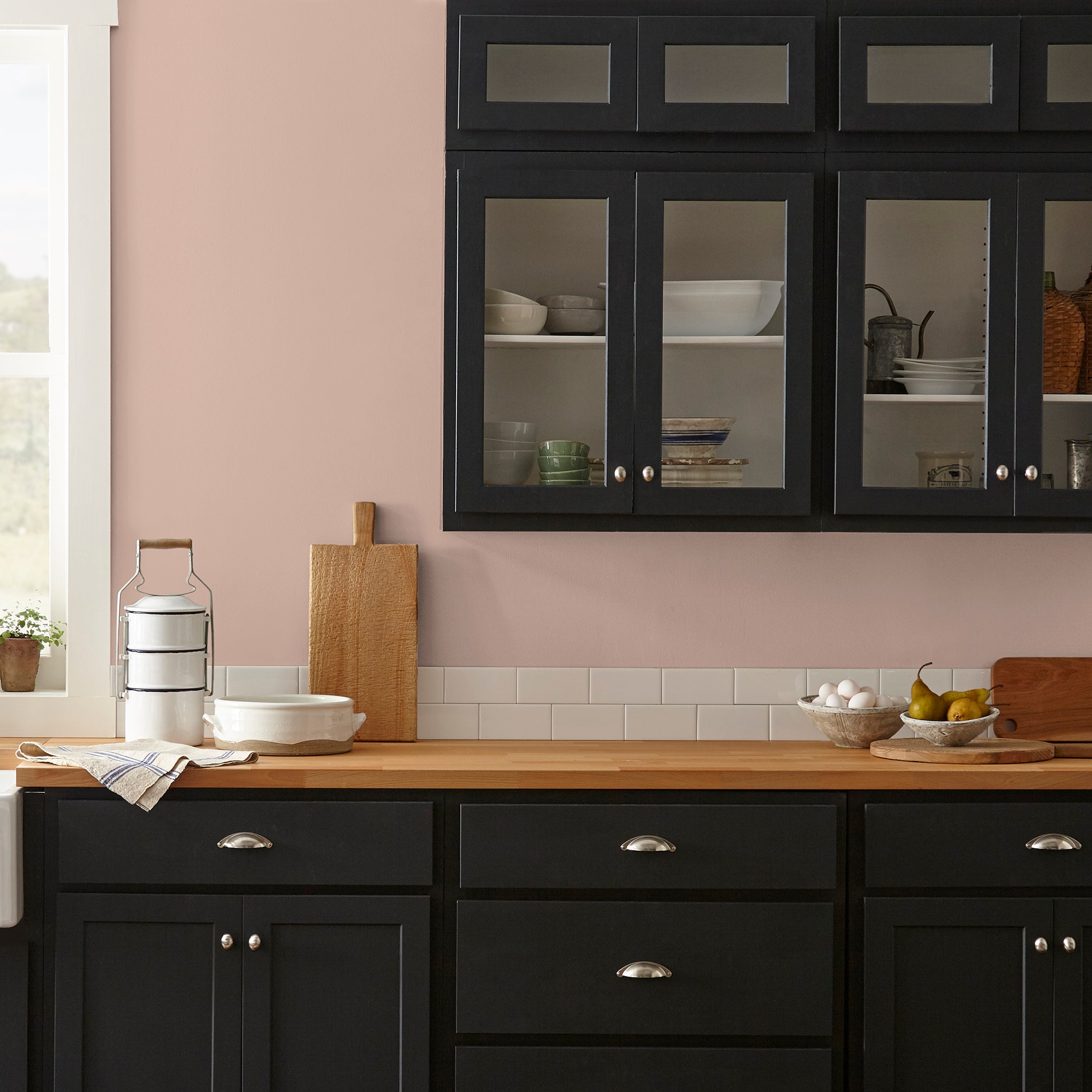Dusty Pink Interior Paint named Rosy pink shown painted on kitchen wall